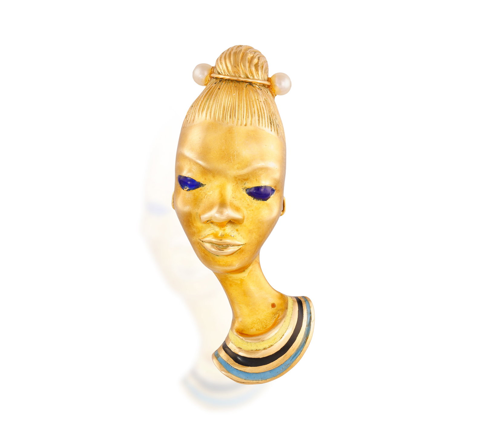 A RETRO ENAMEL AND SEED PEARL BROOCH, CIRCA 1960 • Depicting the bust of a lady • vari-c: A RETRO ENAMEL AND SEED PEARL BROOCH, CIRCA 1960 • Depicting the bust of a lady • vari-coloured enamel • seed pearl beads • mounted in 18K gold • Italian registry mark be