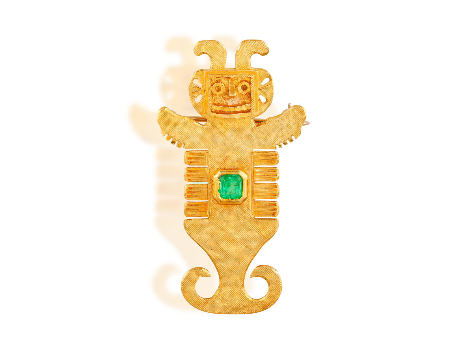 AN EMERALD PENDANT/BROOCH • Designed as a Pre-Columbian figure • square-shaped emerald & (1 of 2)