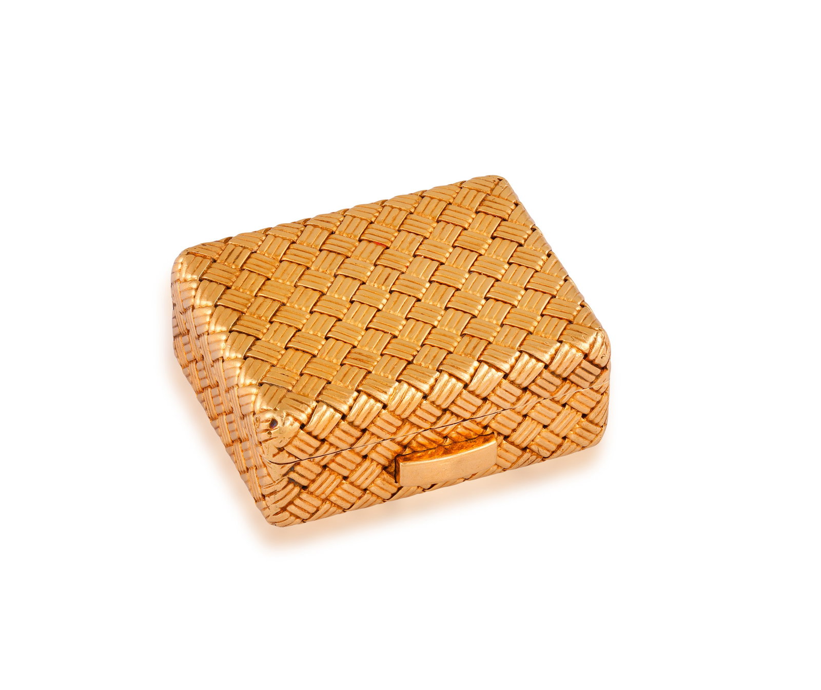 A GOLD PILL BOX • Of woven-link design • in 14K gold • approx. 3 x 2.5cm (1 of 4)