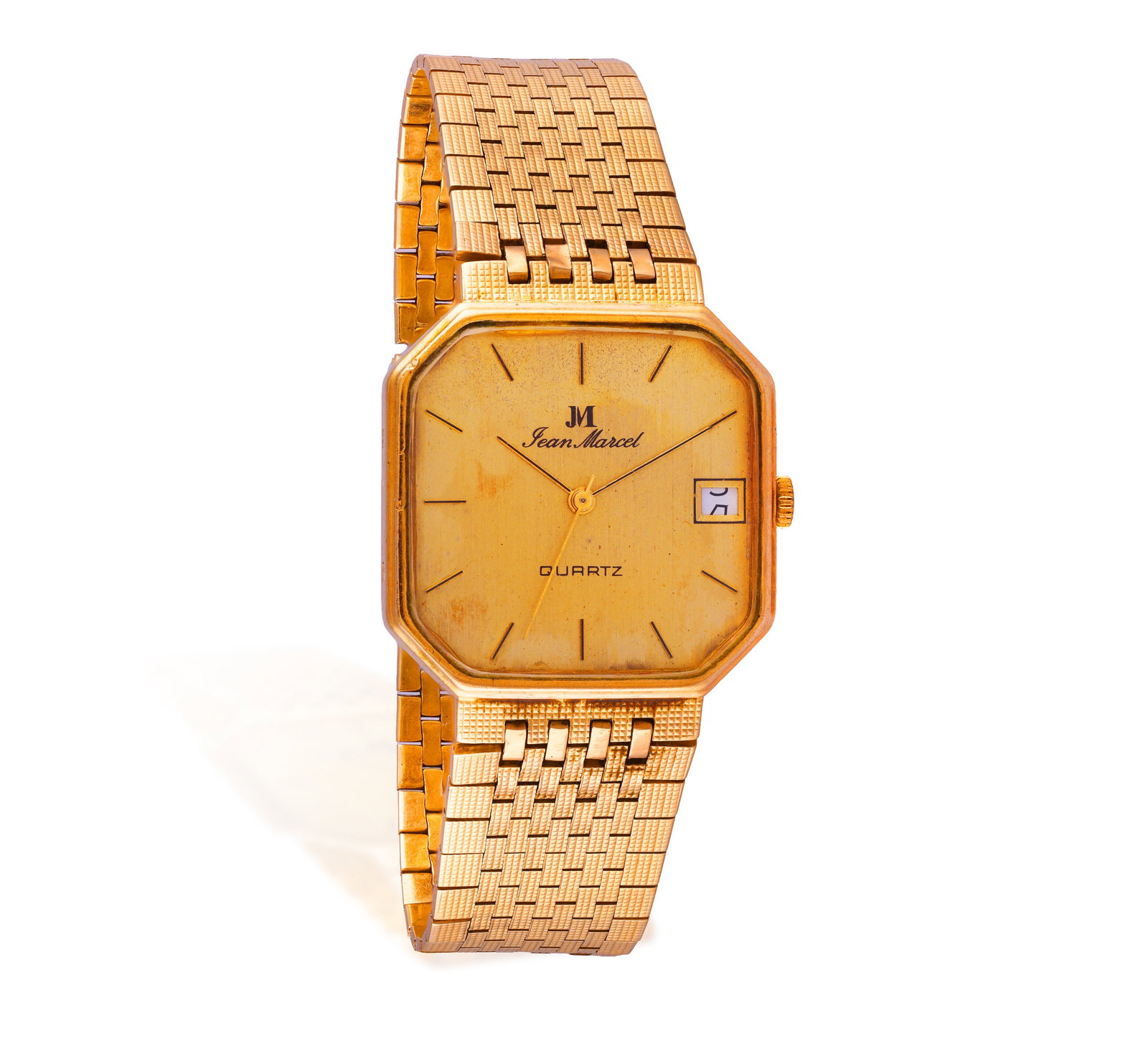 JEAN MARCEL: A 9K GOLD WRISTWATCH • Quartz movement • square textured champagne dial  (1 of 2)