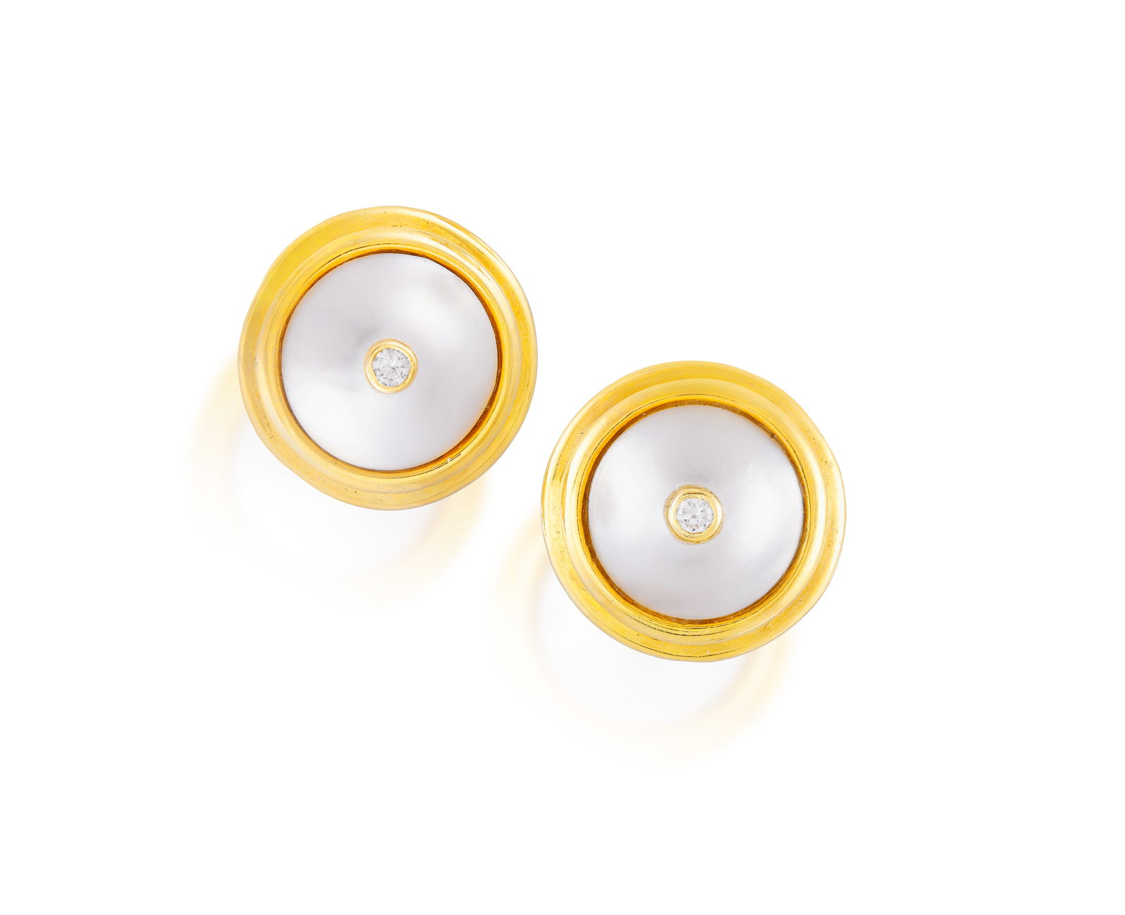 A PAIR OF CULTURED PEARL AND DIAMOND EARCLIPS • Two circular-shaped cultured pearls • (1 of 2)