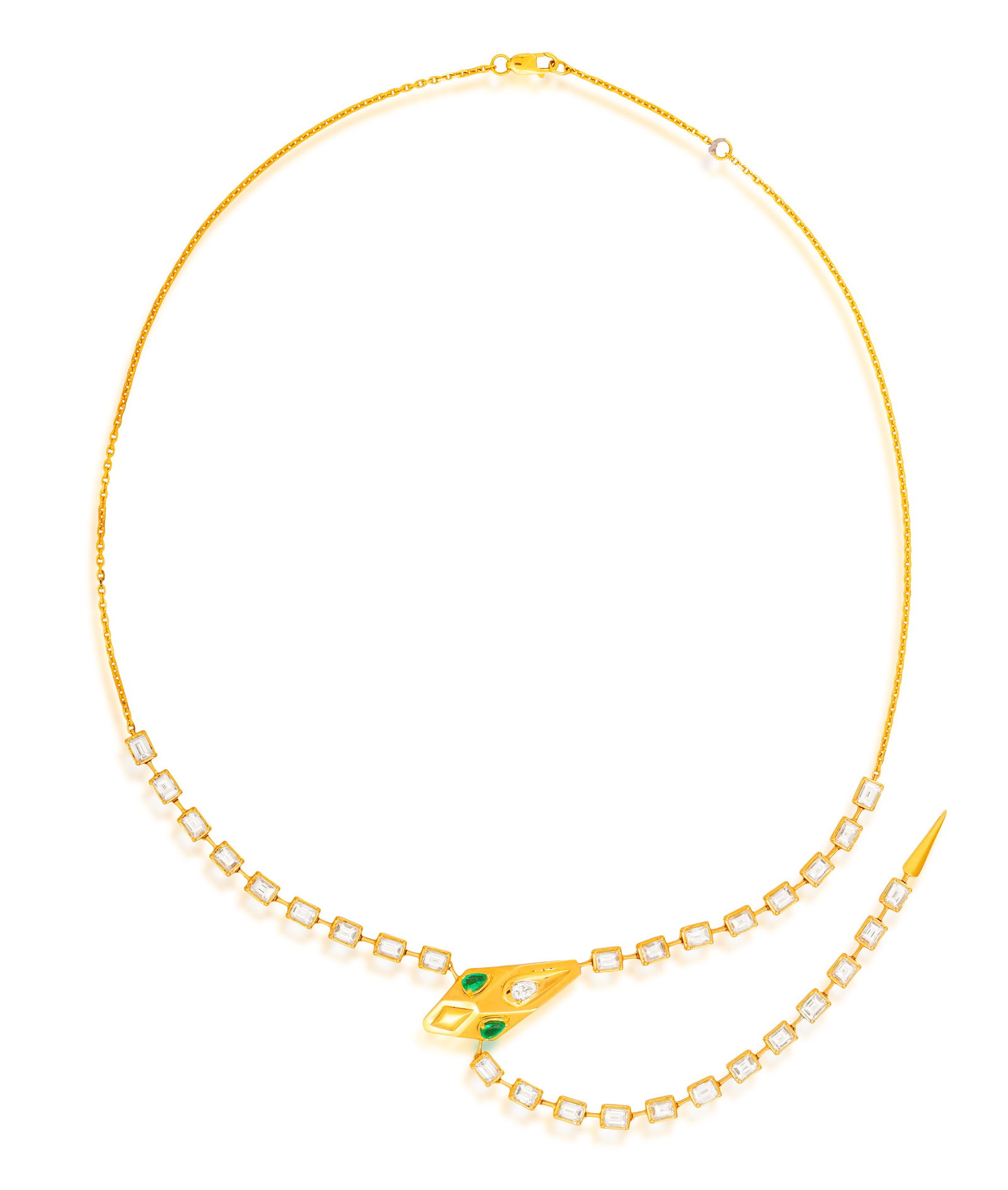 AN EMERALD AND DIAMOND SNAKE NECKLACE • Rectangular and pear-shaped diamonds, approx. 5.00cts (1 of 2)