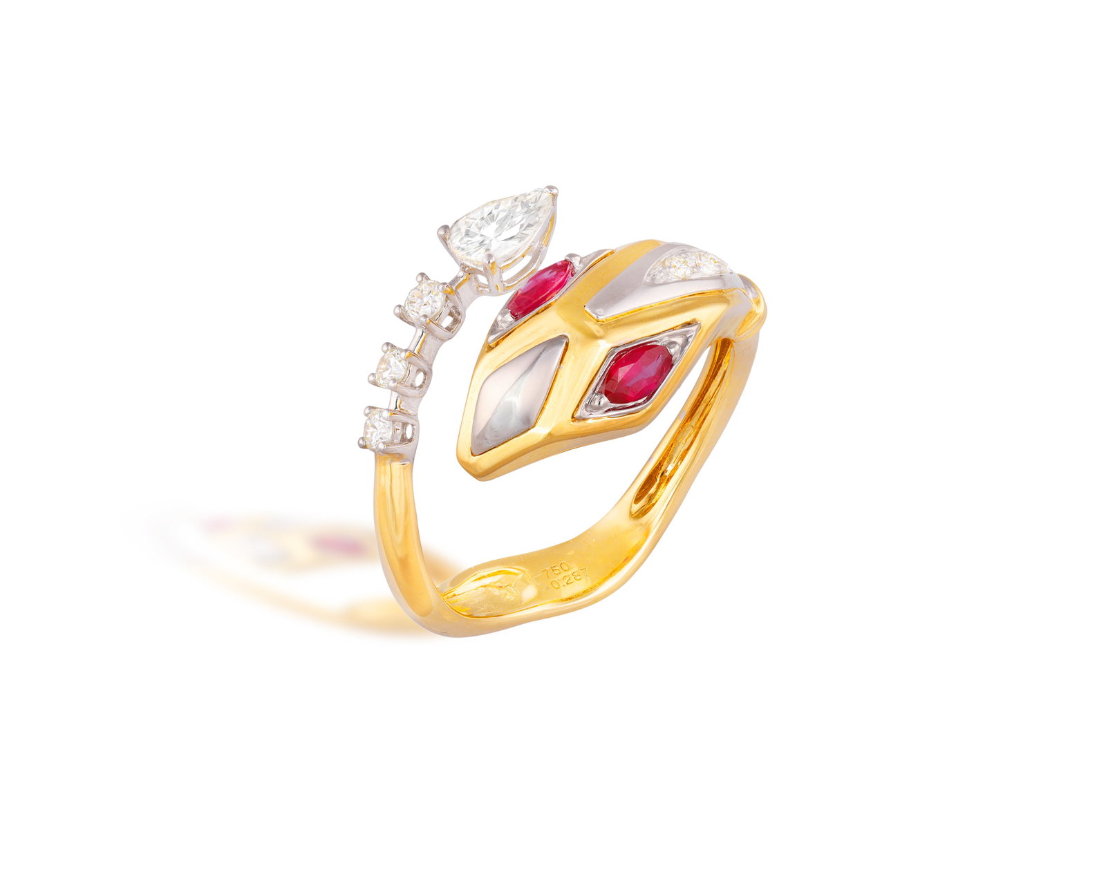 A RUBY AND DIAMOND SNAKE RING • Brilliant and pear-shaped diamonds • two marquise-shaped: A RUBY AND DIAMOND SNAKE RING • Brilliant and pear-shaped diamonds • two marquise-shaped rubies • mounted in 18K gold • ring size N½