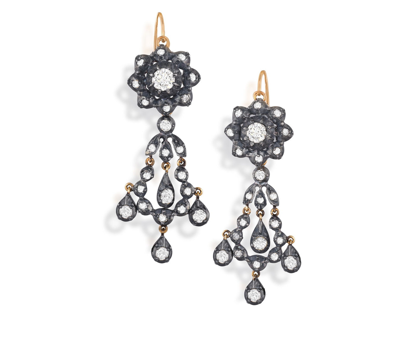 A PAIR OF DIAMOND PENDENT EARRINGS • Of chandelier design • brilliant, old and (1 of 2)