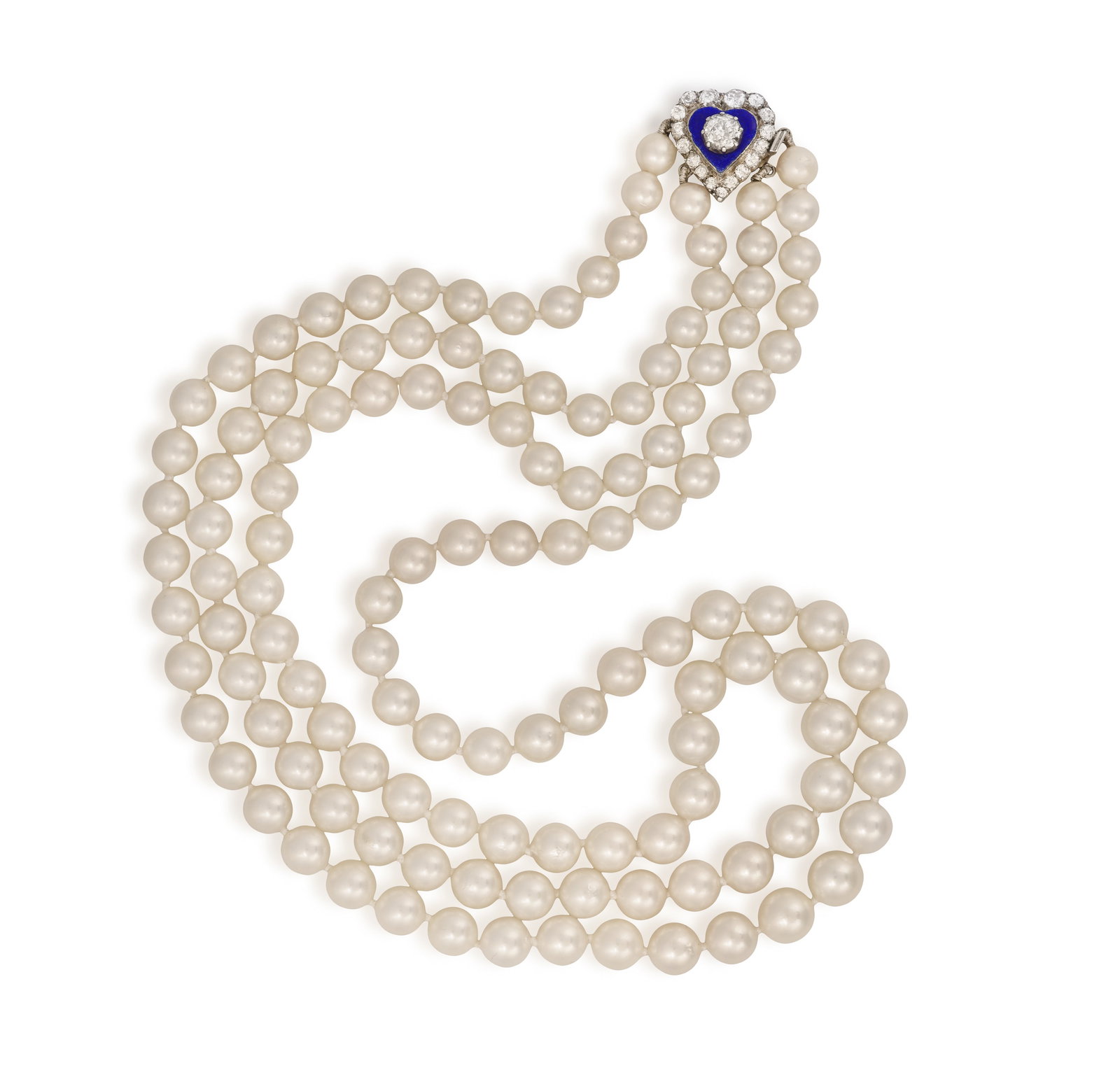 A CULTURED PEARL, ENAMEL AND DIAMOND NECKLACE • Two rows of graduated Akoya cultured pearls, (1 of 3)