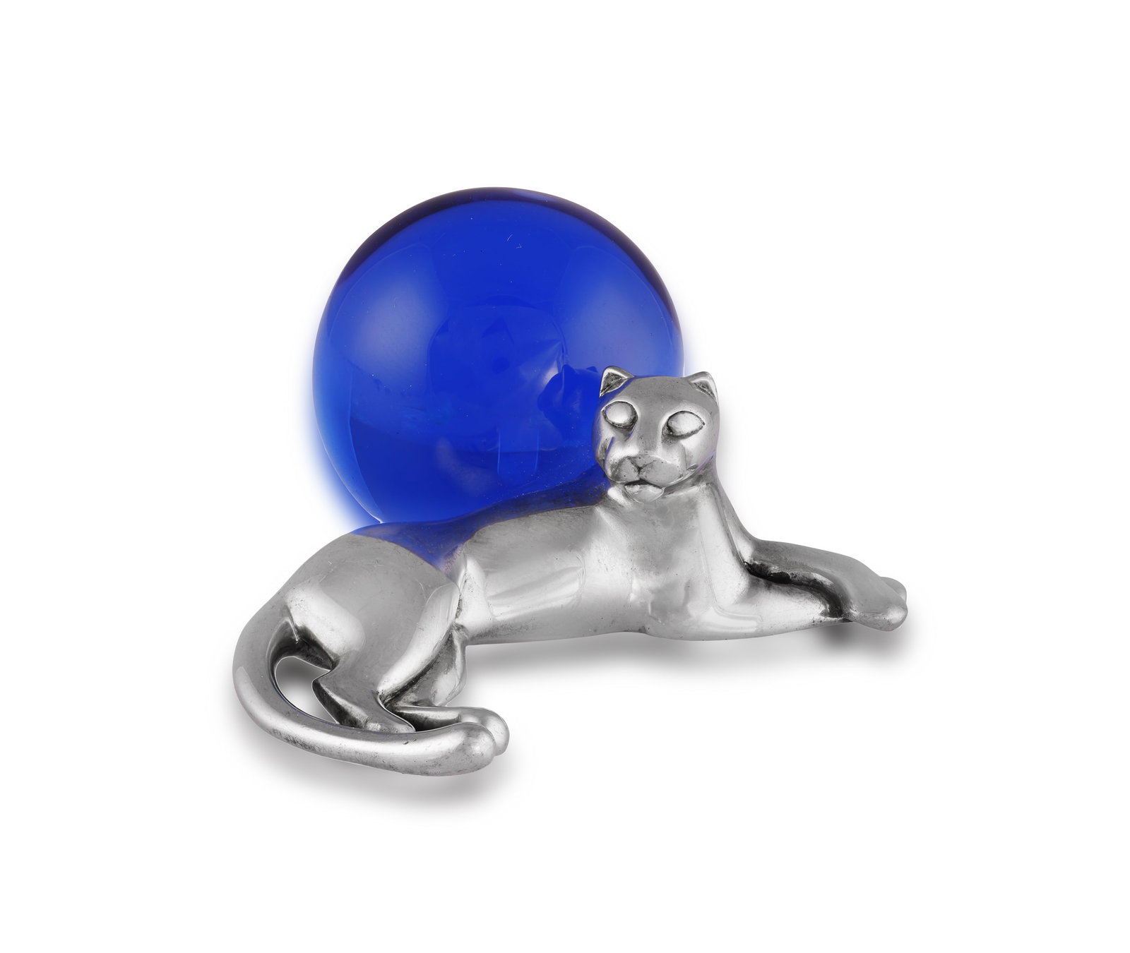 CARTIER: A SILVER AND GLASS PANTHER PAPERWEIGHT • Blue glass sphere • mounted in silver  (1 of 2)