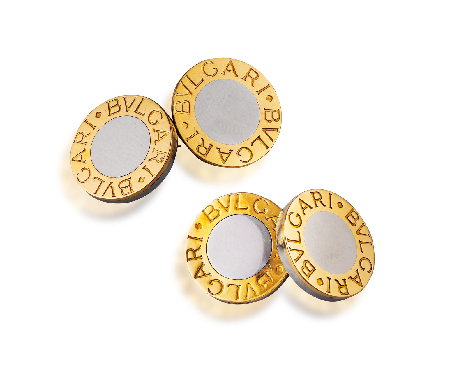 BULGARI: A PAIR OF STAINLESS STEEL AND GOLD CUFFLINKS • Polished disks engraved 'Bvlgari Bvlga (1 of 3)