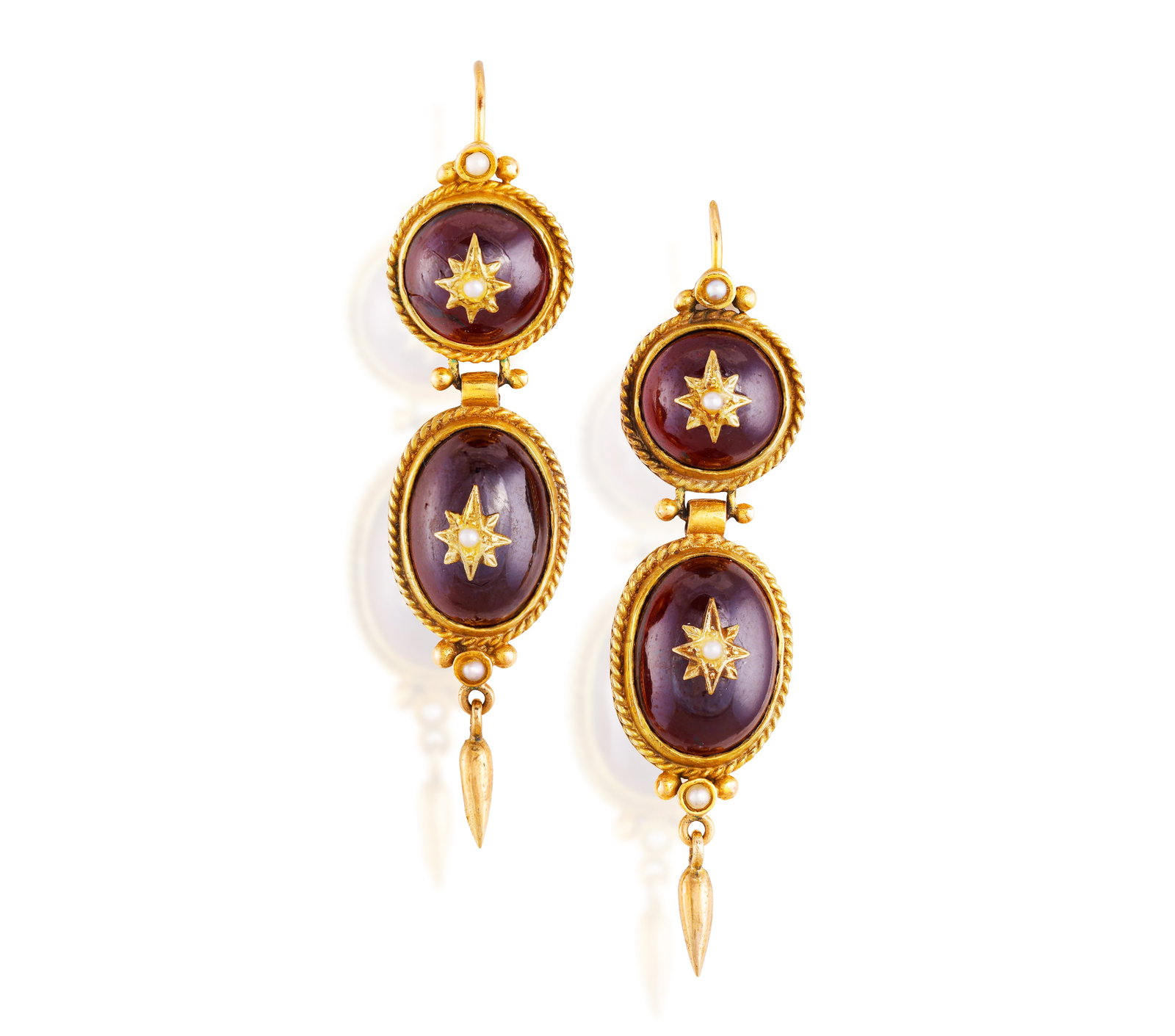 A PAIR OF 19TH CENTURY GARNET AND SEED PEARL PENDENT EARRINGS • Four oval-shaped garnet (1 of 2)