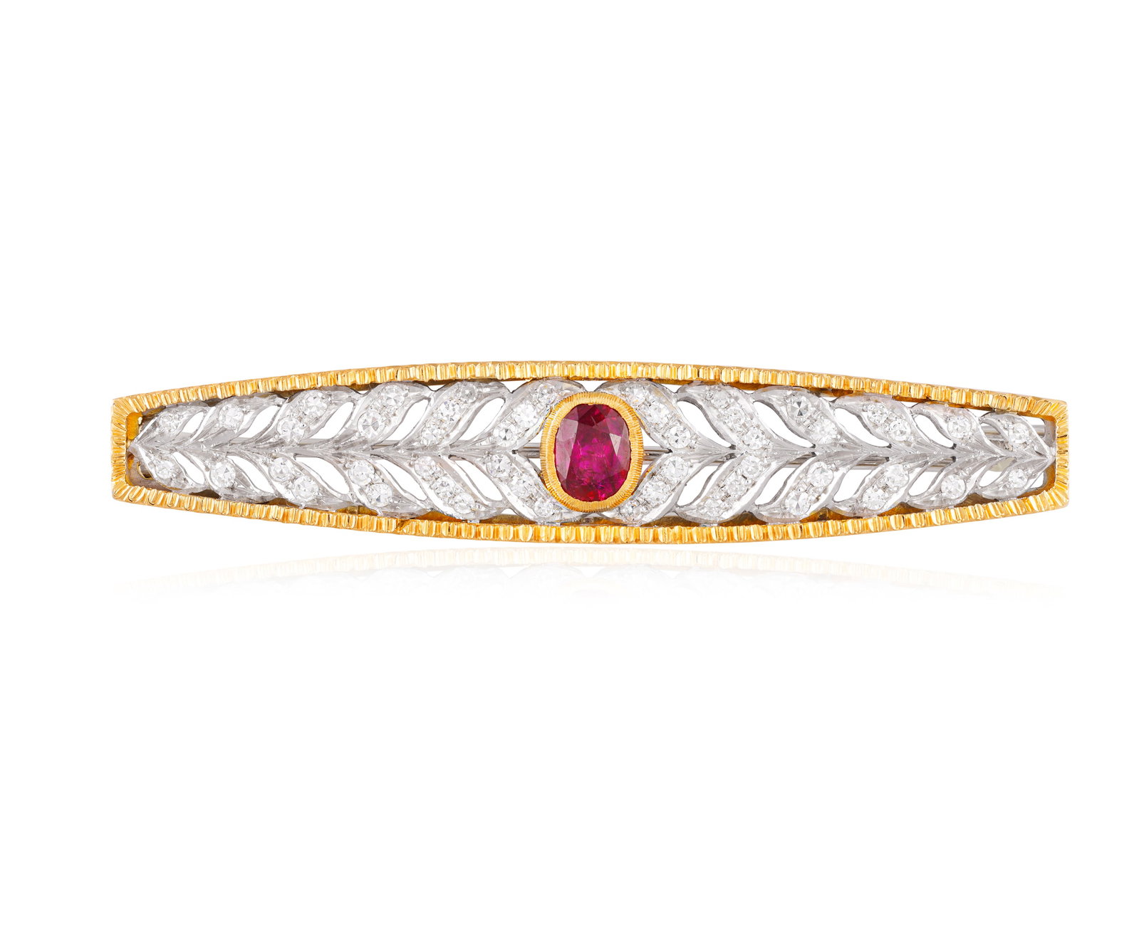A RUBY AND DIAMOND BAR BROOCH • Oval-shaped ruby • single-cut diamonds • mounted (1 of 2)
