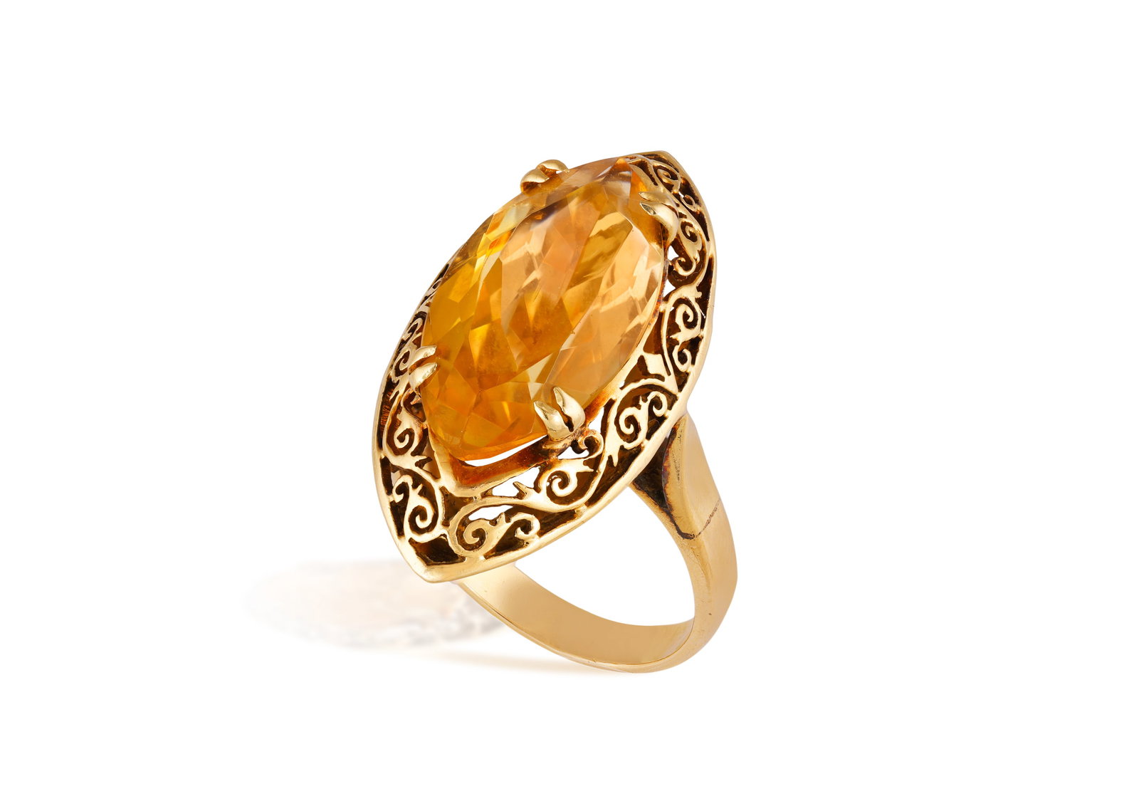 A CITRINE DRESS RING • Marquise-shaped citrine, approx. 8.00cts • mounted in 18K gold (1 of 3)
