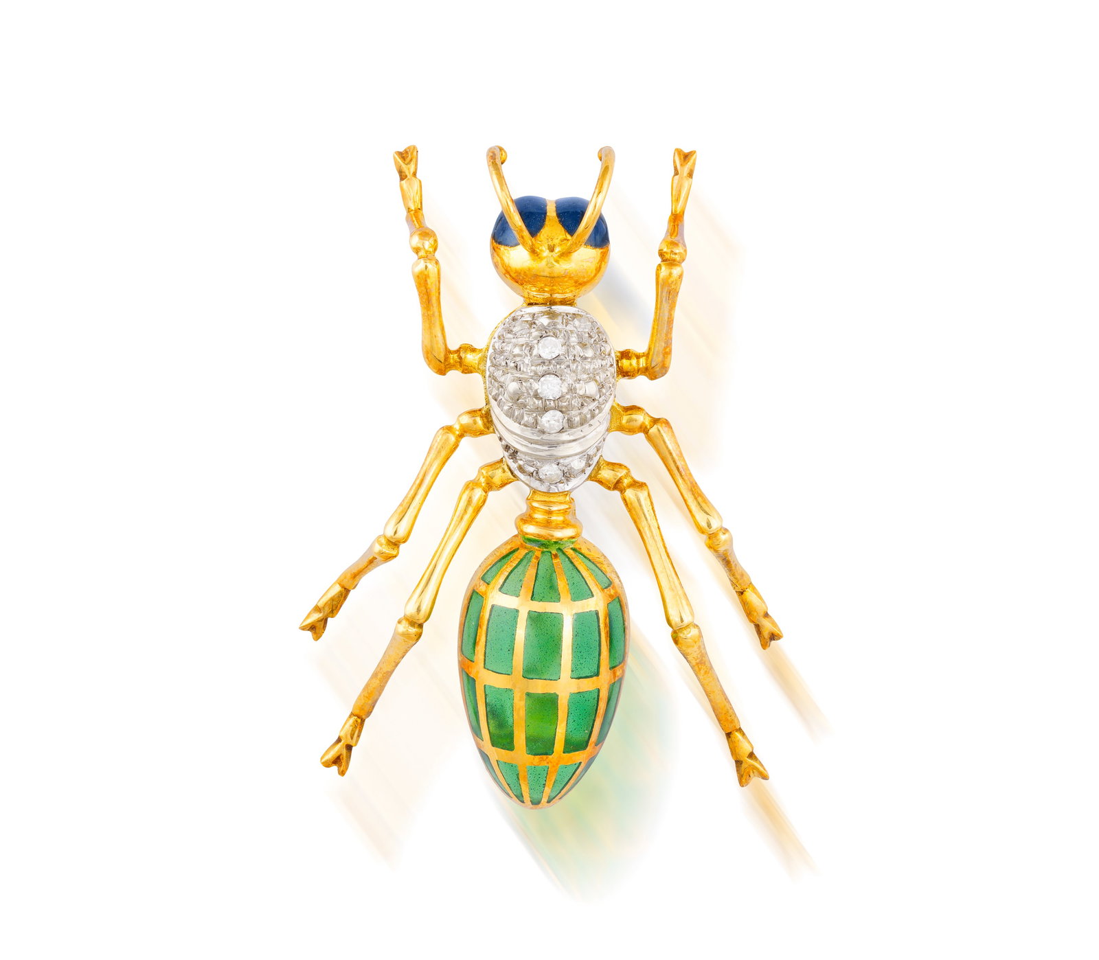 A DIAMOND AND ENAMEL ANT BROOCH • Plique-á-jour and guilloché enamel • (1 of 3)