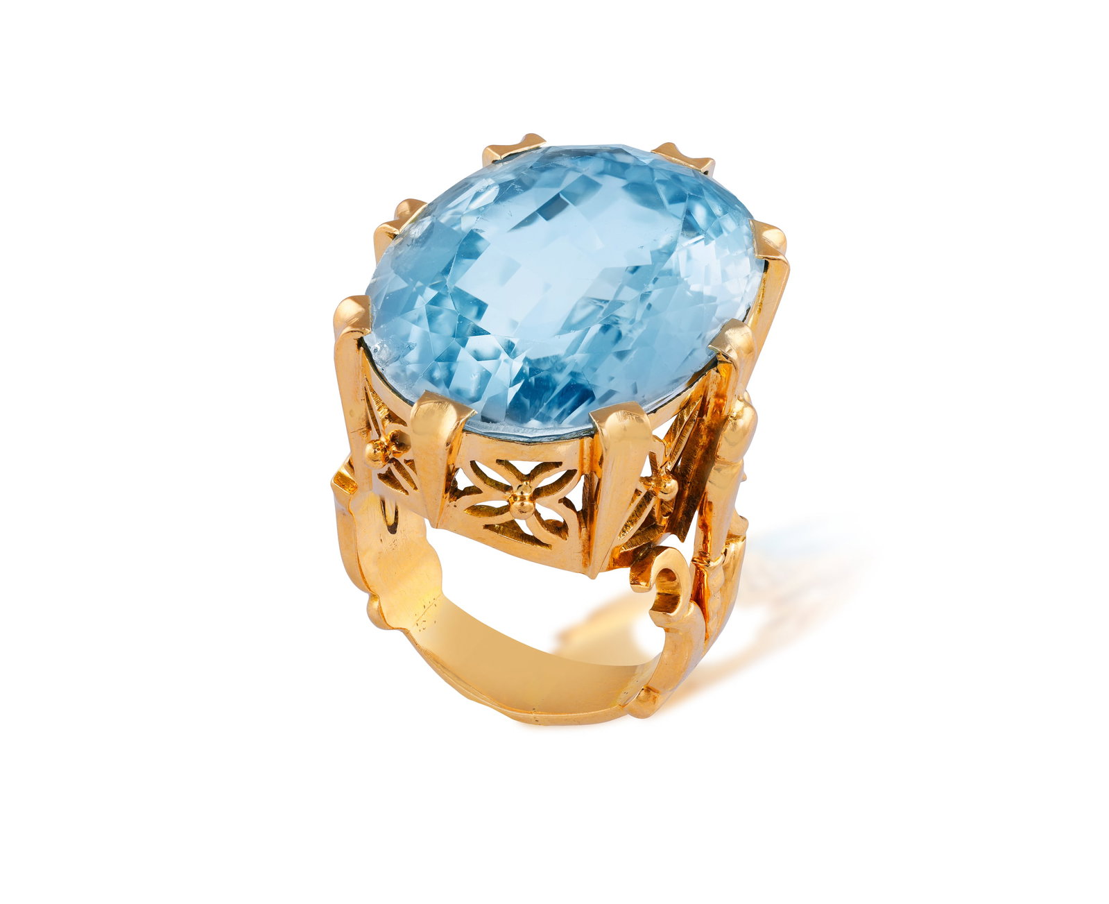AN AQUAMARINE DRESS RING • Oval-shaped aquamarine, approx. 24.00cts • mounted in 18K go (1 of 3)