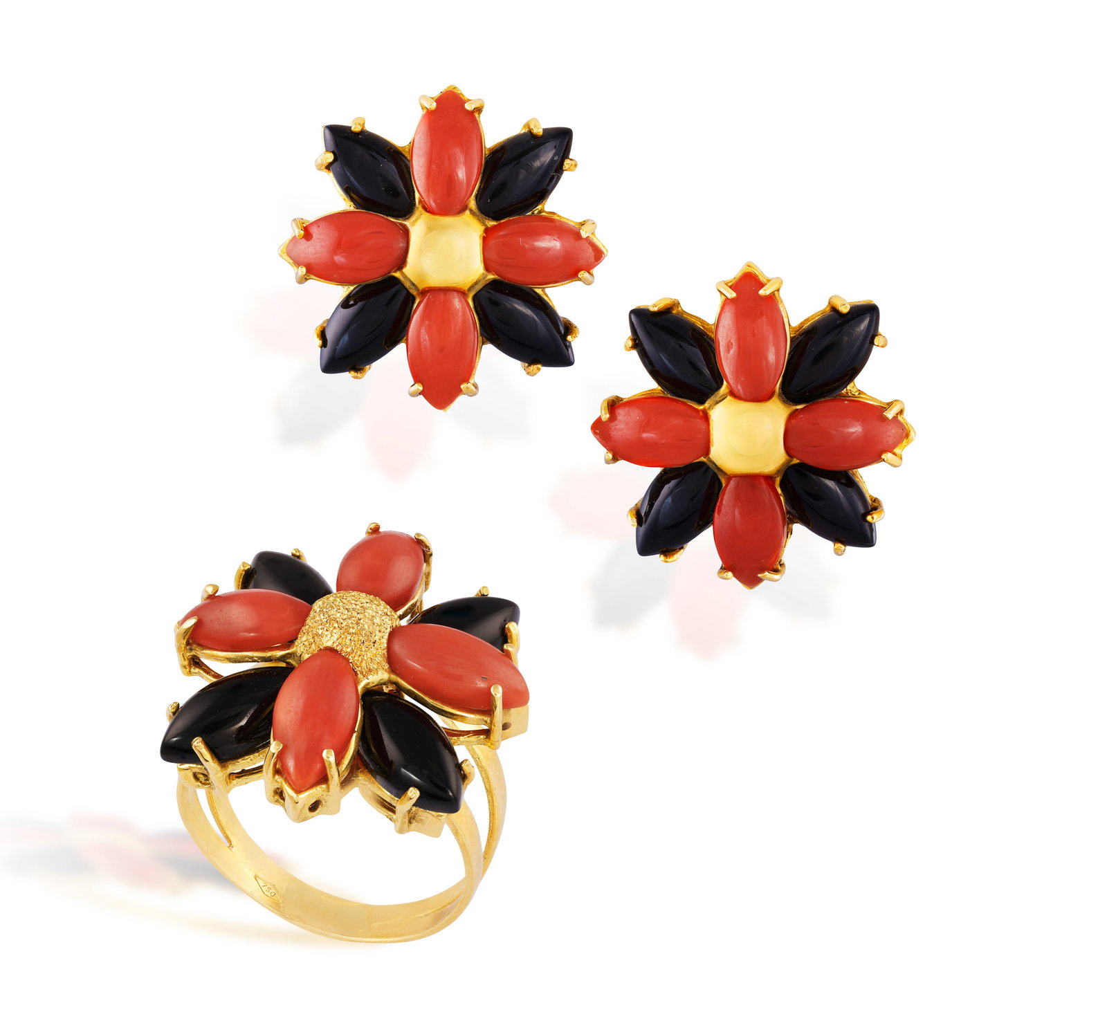A PAIR OF CORAL AND ONYX EARCLIPS WITH A RING EN-SUITE • Of flower design • (1 of 3)
