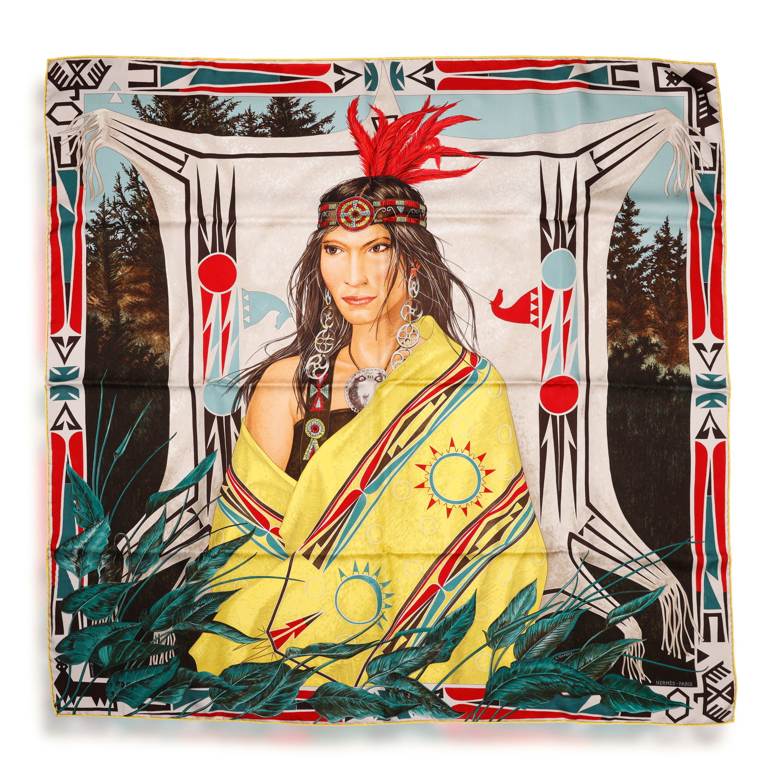 HERMÈS: A SILK SCARF 'COSMOGONIE APACHE' • Native American warrior • yellow, green: HERMÈS: A SILK SCARF 'COSMOGONIE APACHE' • Native American warrior • yellow, green and black hues • signed Hermès • designed by A. Tzapoff • with maker's case &