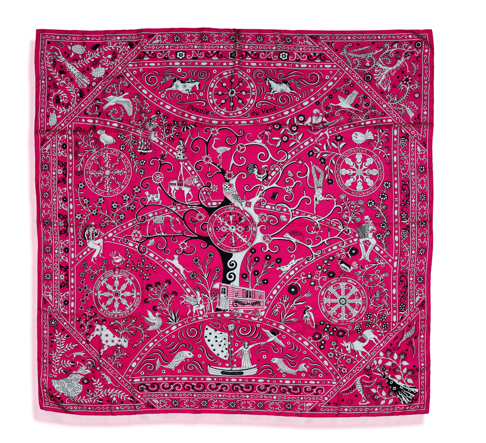 HERMÈS: A SILK SCARF 'PEUPLE DU VENT' • Nomadic motif • vibrant pink and white hues (1 of 1)