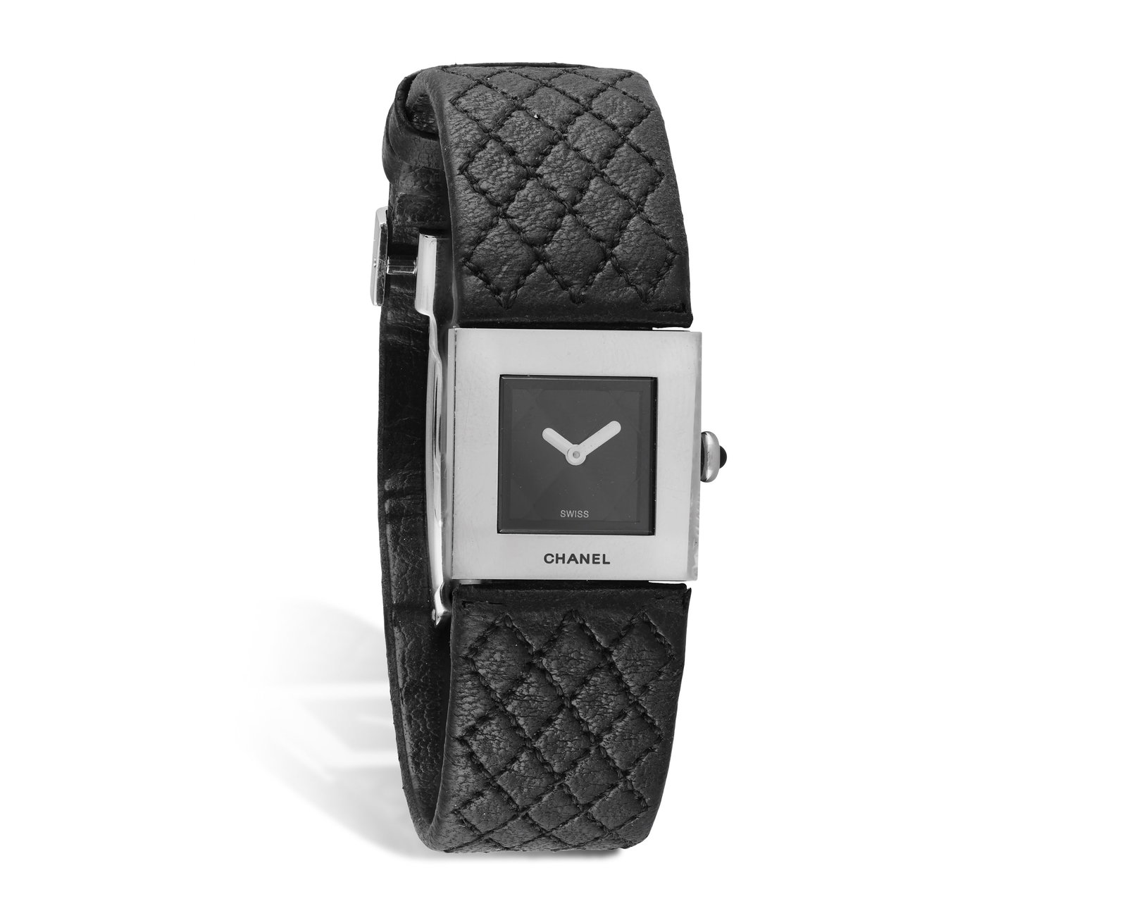 CHANEL: A 'MATELASSÉ' STAINLESS STEEL WRISTWATCH, 1993 • Quartz movement • black qu: CHANEL: A 'MATELASSÉ' STAINLESS STEEL WRISTWATCH, 1993 • Quartz movement • black quilted square dial • onyx cabochon set crown • leather bracelet with folding clasp •