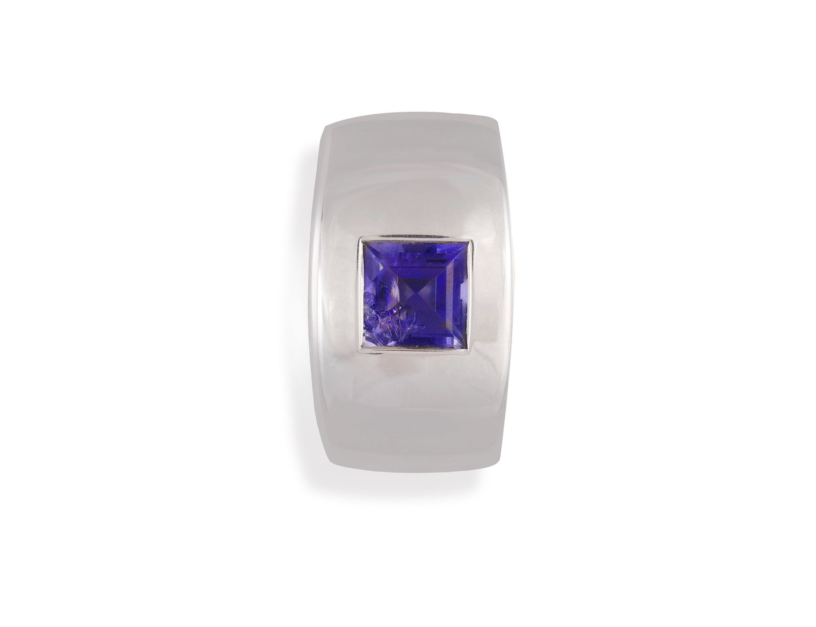 CHAUMET: TWO GEM-SET SCARF BUCKLES • Each set with either a rectangular-cut iolite or pink: CHAUMET: TWO GEM-SET SCARF BUCKLES • Each set with either a rectangular-cut iolite or pink tourmaline • mounted in 18K gold • with partial maker’s mark • signed Chaumet P