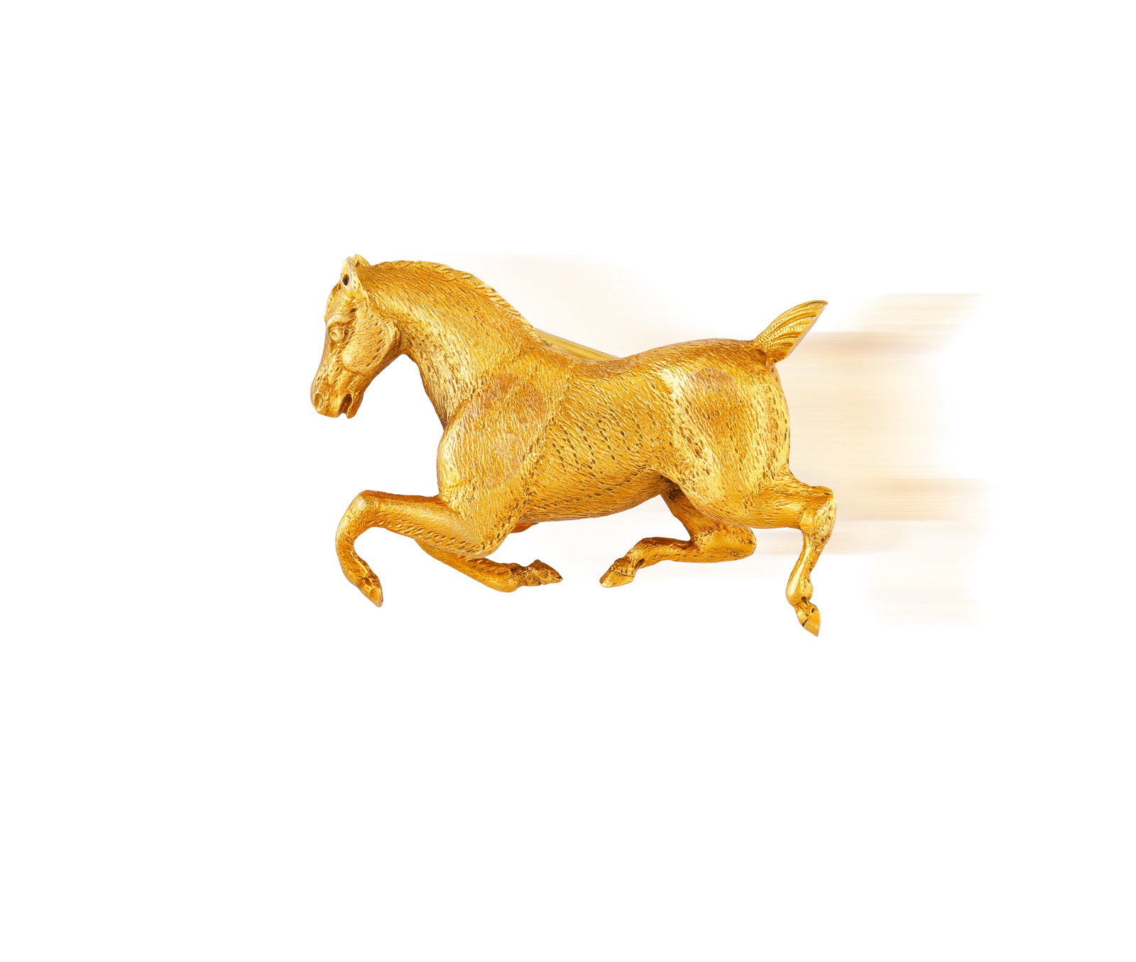 A GOLD BROOCH • Designed as a trotting horse • in textured 18K gold • width 3cm (1 of 2)