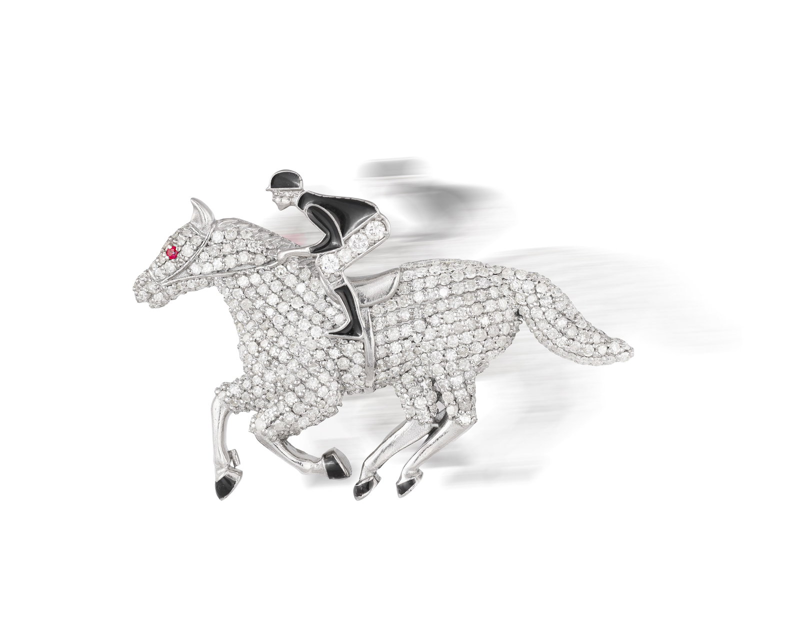 AN DIAMOND, ENAMEL AND RUBY BROOCH • Designed as a jockey riding a horse • single-cut di (1 of 3)