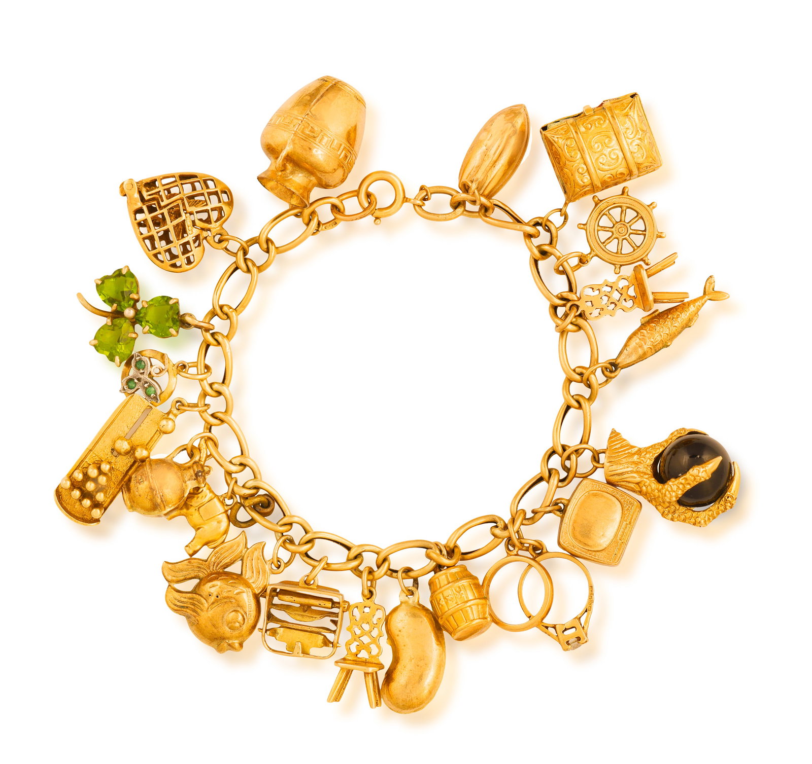 A GOLD CHARM BRACELET • Cable-link chain • suspending twenty various charms • in 9 (1 of 3)