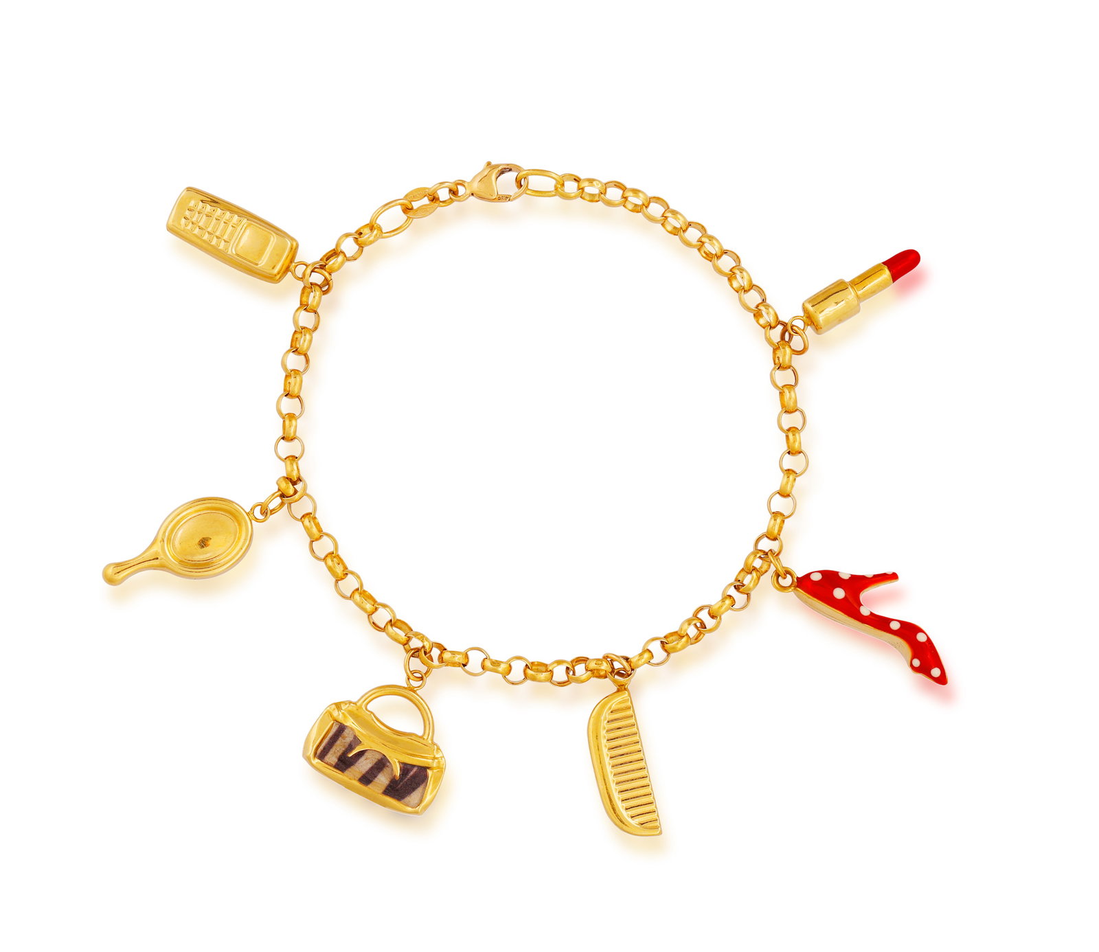 AN ENAMEL AND GOLD CHARM BRACELET • Of cable-link chain design • suspending six various (1 of 3)