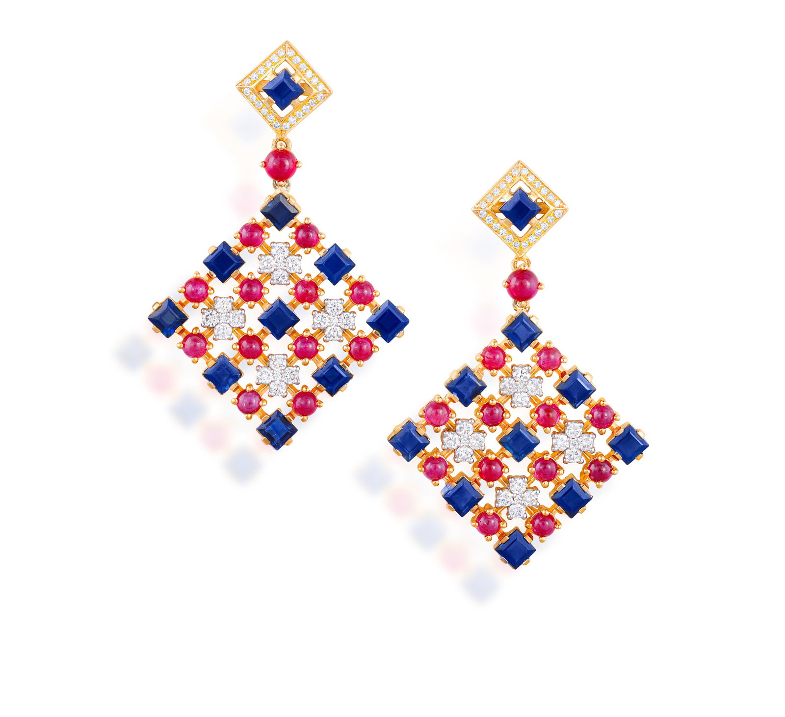A PAIR OF SAPPHIRE, RUBY AND DIAMOND PENDENT EARRINGS • Square-shaped sapphires • circul (1 of 2)