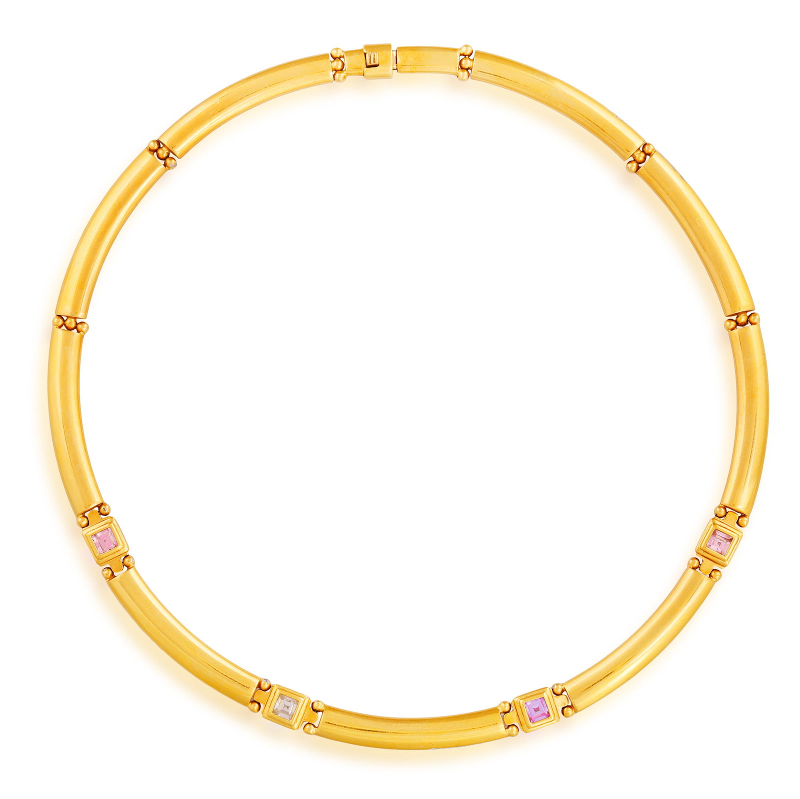 A CUBIC ZIRCONIA AND GOLD NECKLACE • Of sprung collar design • set with vari-coloured sq (1 of 2)