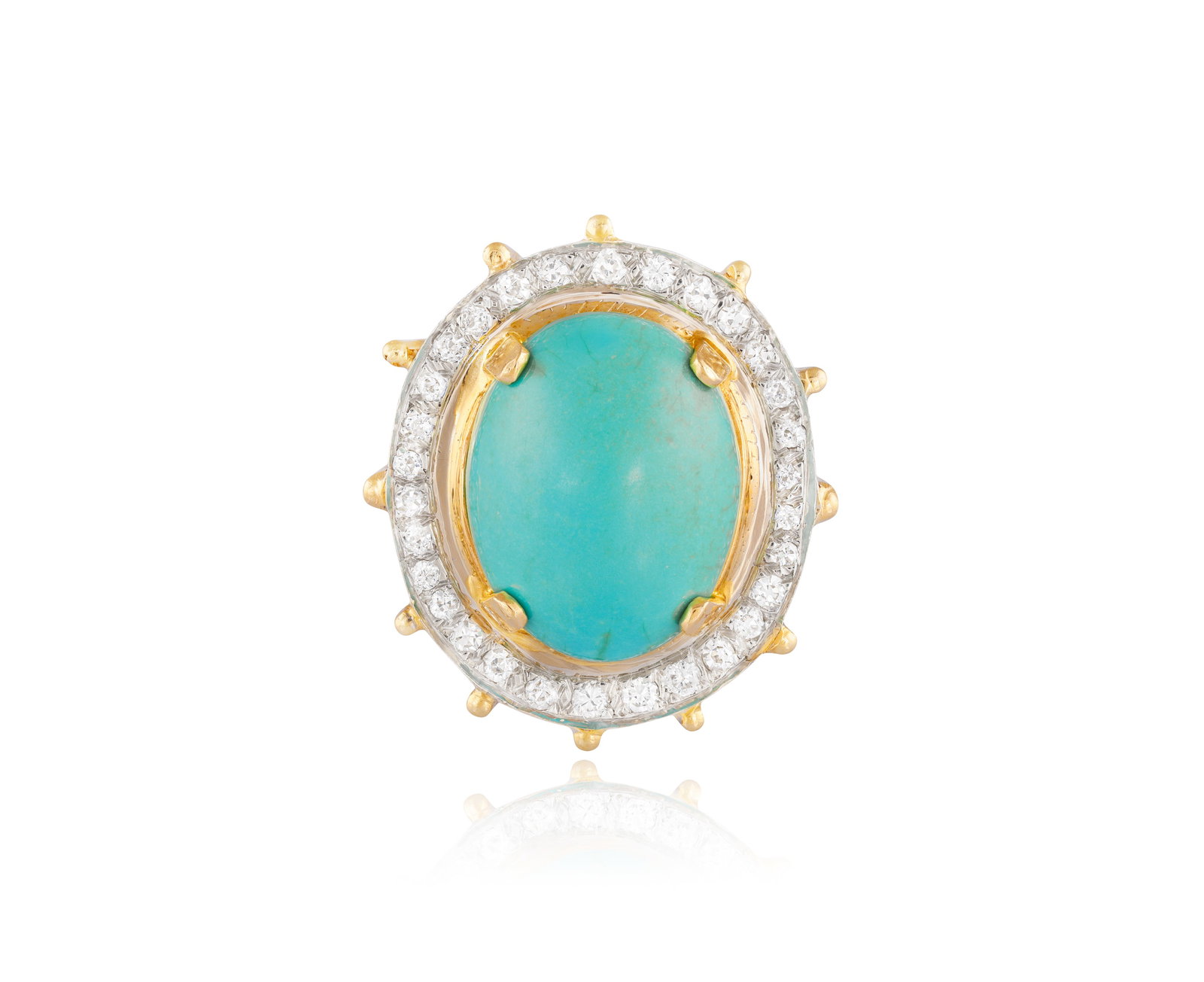 A TURQUOISE AND DIAMOND RING • Oval-shaped turquoise cabochon, approx. 23.00cts • old br: A TURQUOISE AND DIAMOND RING • Oval-shaped turquoise cabochon, approx. 23.00cts • old brilliant-cut diamonds • mounted in 14K gold • ring size N⅓