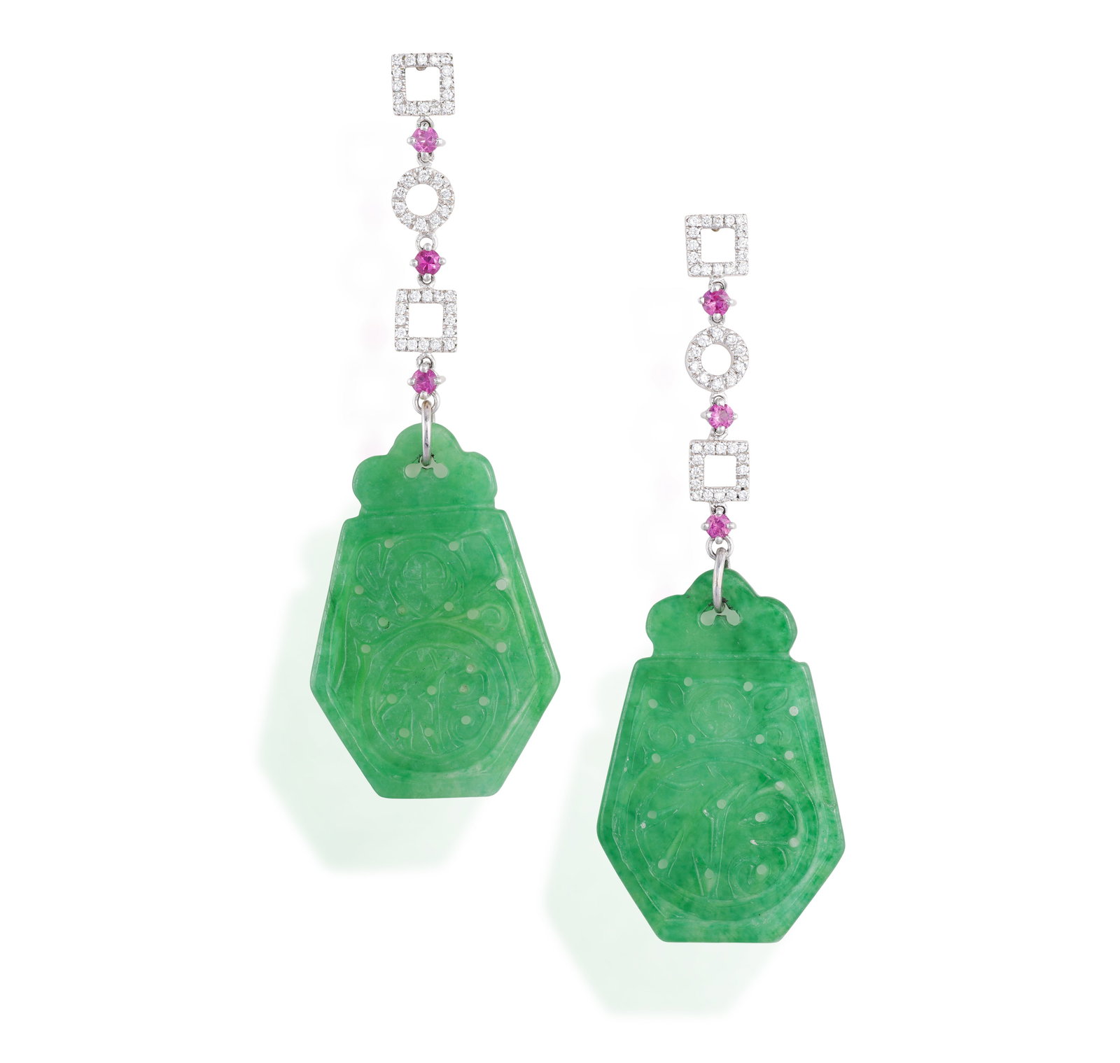 A PAIR OF JADE, SAPPHIRE AND DIAMOND PENDENT EARRINGS • Two plaques engraved with Chinese char: A PAIR OF JADE, SAPPHIRE AND DIAMOND PENDENT EARRINGS • Two plaques engraved with Chinese character for 'good fortune' • brilliant-cut diamonds • circular-cut pink sapphires • 