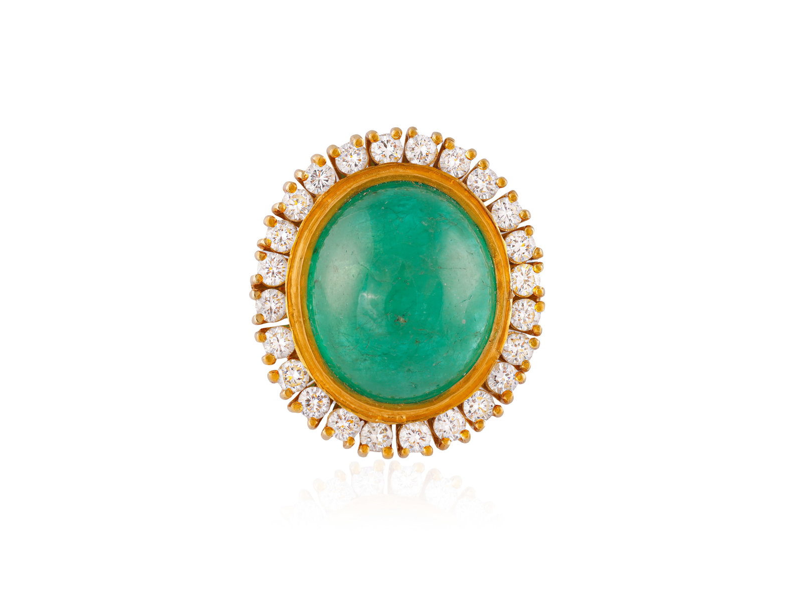 AN EMERALD AND DIAMOND DRESS RING • An oval-shaped emerald cabochon, approx. 17.40cts •: AN EMERALD AND DIAMOND DRESS RING • An oval-shaped emerald cabochon, approx. 17.40cts • brilliant-cut diamonds • mounted in 18K gold • ring size M½