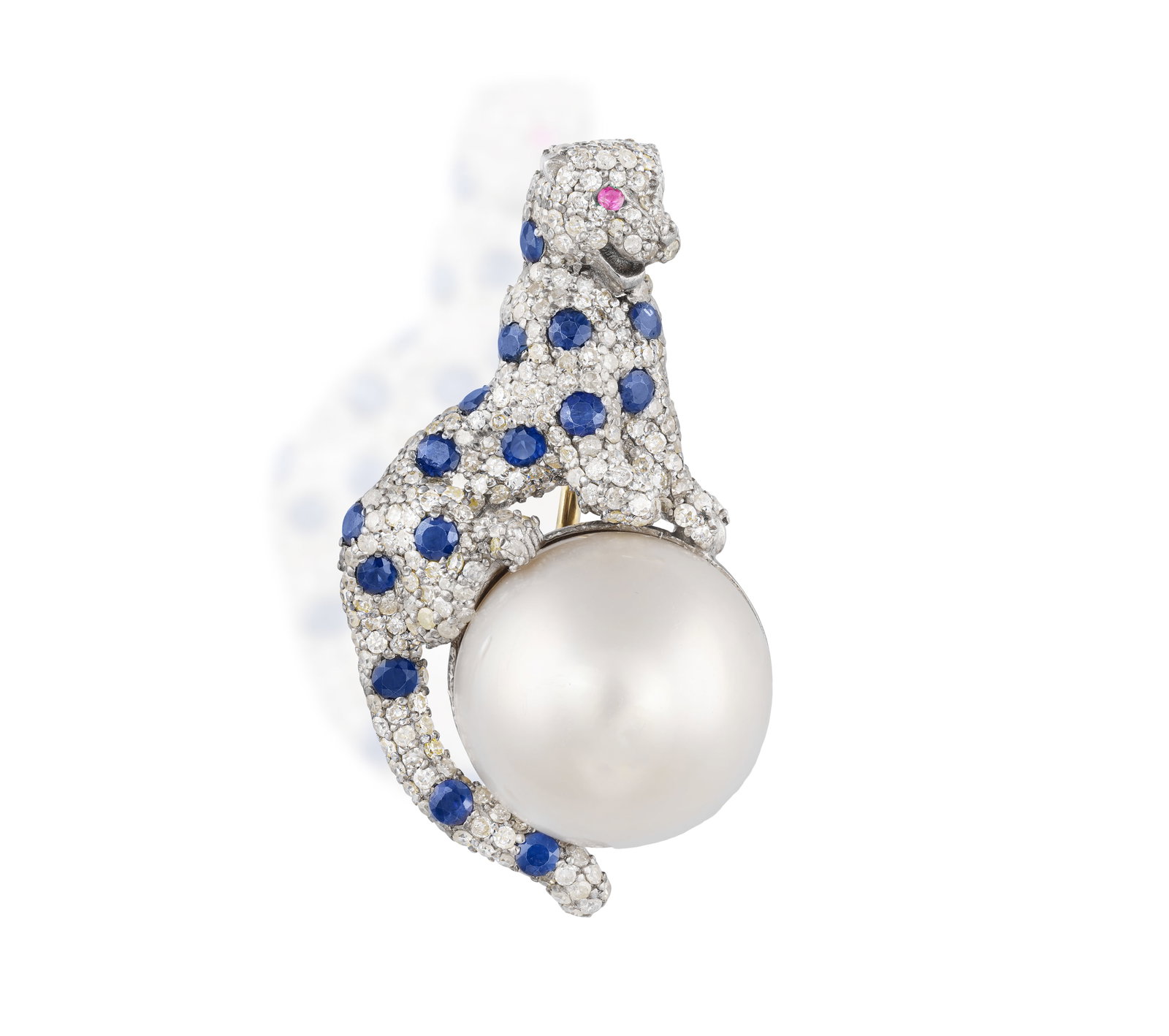 A CULTURED PEARL, GEM-SET AND DIAMOND LEOPARD PENDANT/BROOCH • Cultured pearl of white tint, (1 of 2)