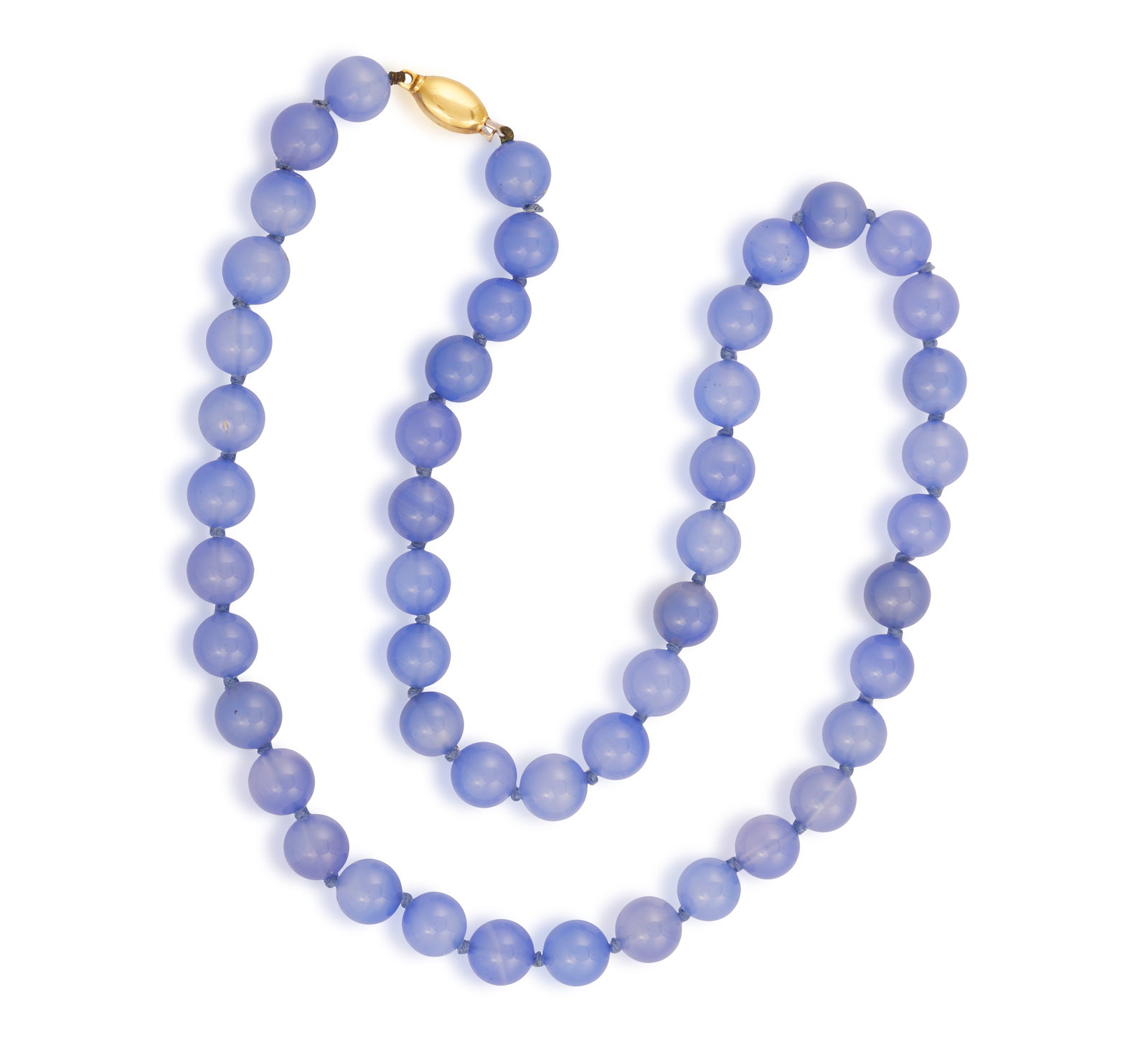 A CHALCEDONY BEAD NECKLACE • A single row of blue chalcedony beads, approx. 10.7 to 11.3mm (1 of 3)