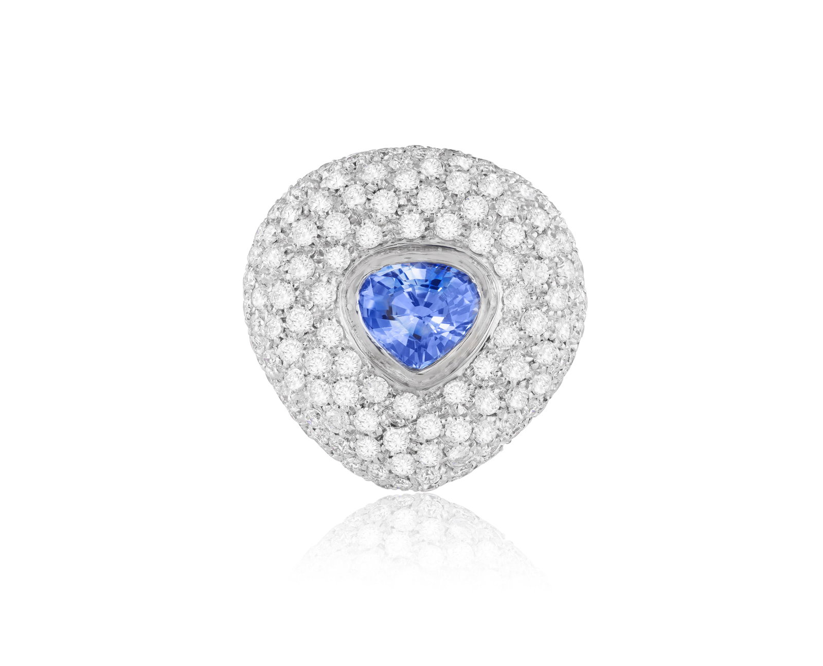 A SAPPHIRE AND DIAMOND DRESS RING • Of bombé design • pear-shaped sapphire •: A SAPPHIRE AND DIAMOND DRESS RING • Of bombé design • pear-shaped sapphire • brilliant-cut diamonds, approx. 3.50cts total • mounted in 18K gold • with maker's mark 