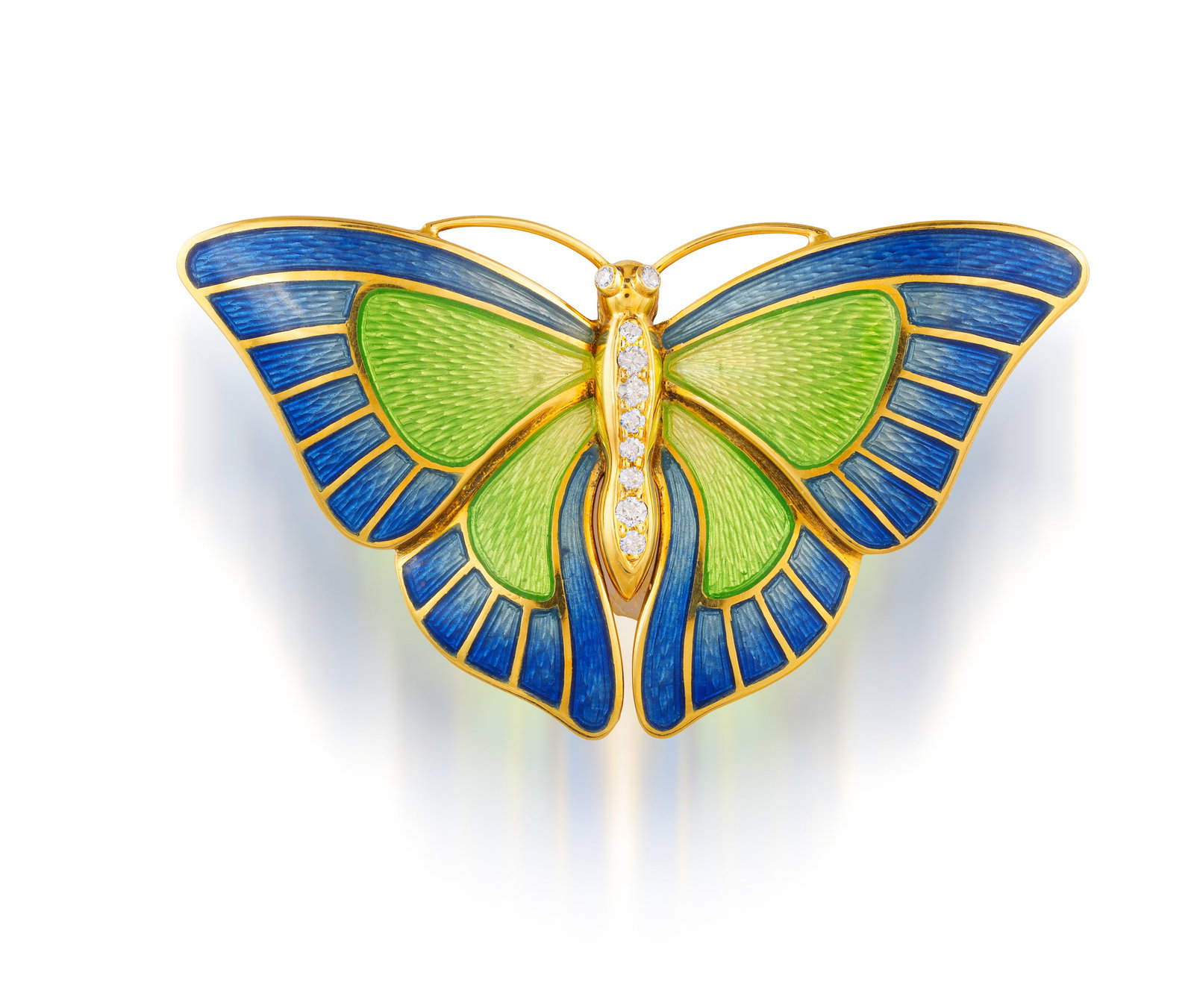 DE VROOMEN: AN ENAMEL AND DIAMOND BUTTERFLY BROOCH • Guilloché enamel wings • brill: DE VROOMEN: AN ENAMEL AND DIAMOND BUTTERFLY BROOCH • Guilloché enamel wings • brilliant-cut diamond body • mounted in 18K gold • signed 'De Vroomen' • with maker's m
