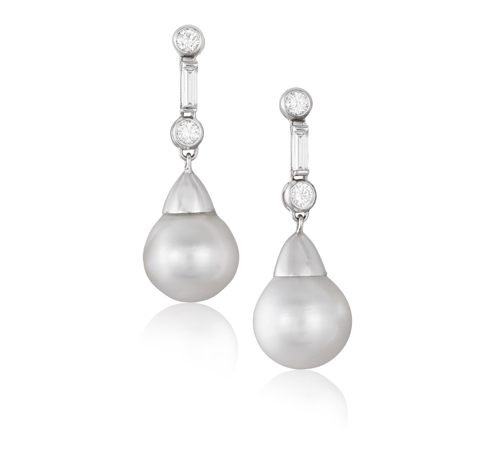 A PAIR OF CULTURED PEARL AND DIAMOND PENDENT EARRINGS • Two cultured pearls of white tint, app (1 of 2)