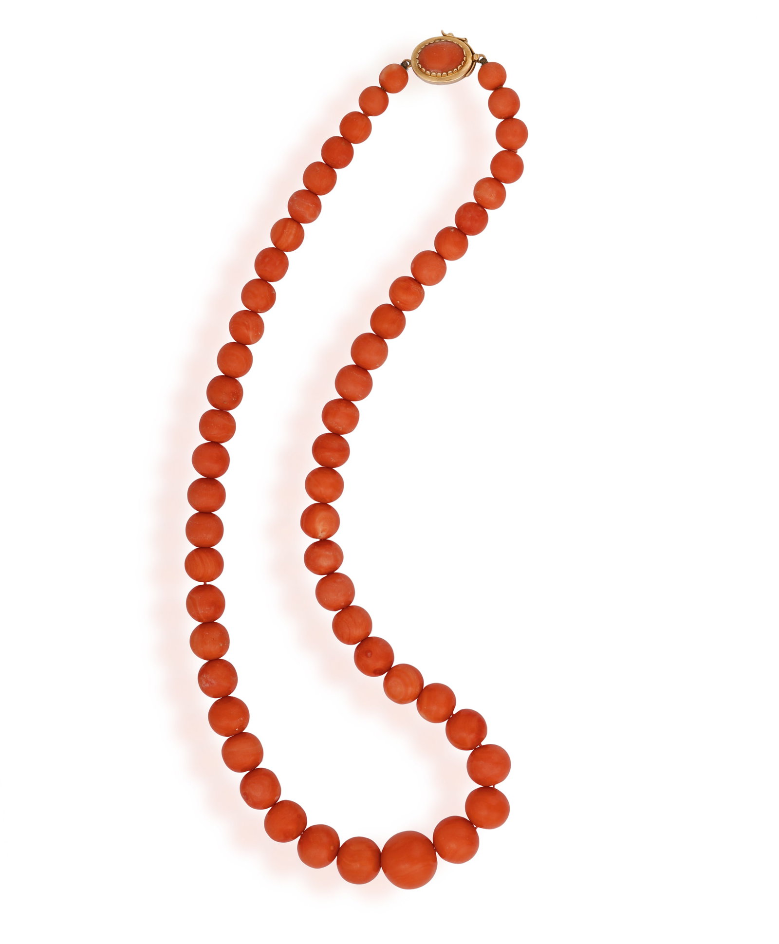 A CORAL BEAD NECKLACE • Graduated coral beads, approx. 7.5 to 15.4mm • clasp in 18K gold: A CORAL BEAD NECKLACE • Graduated coral beads, approx. 7.5 to 15.4mm • clasp in 18K gold • length 52.2cm *This lot is sold without a reserve **Prospective buyers are advised that sev