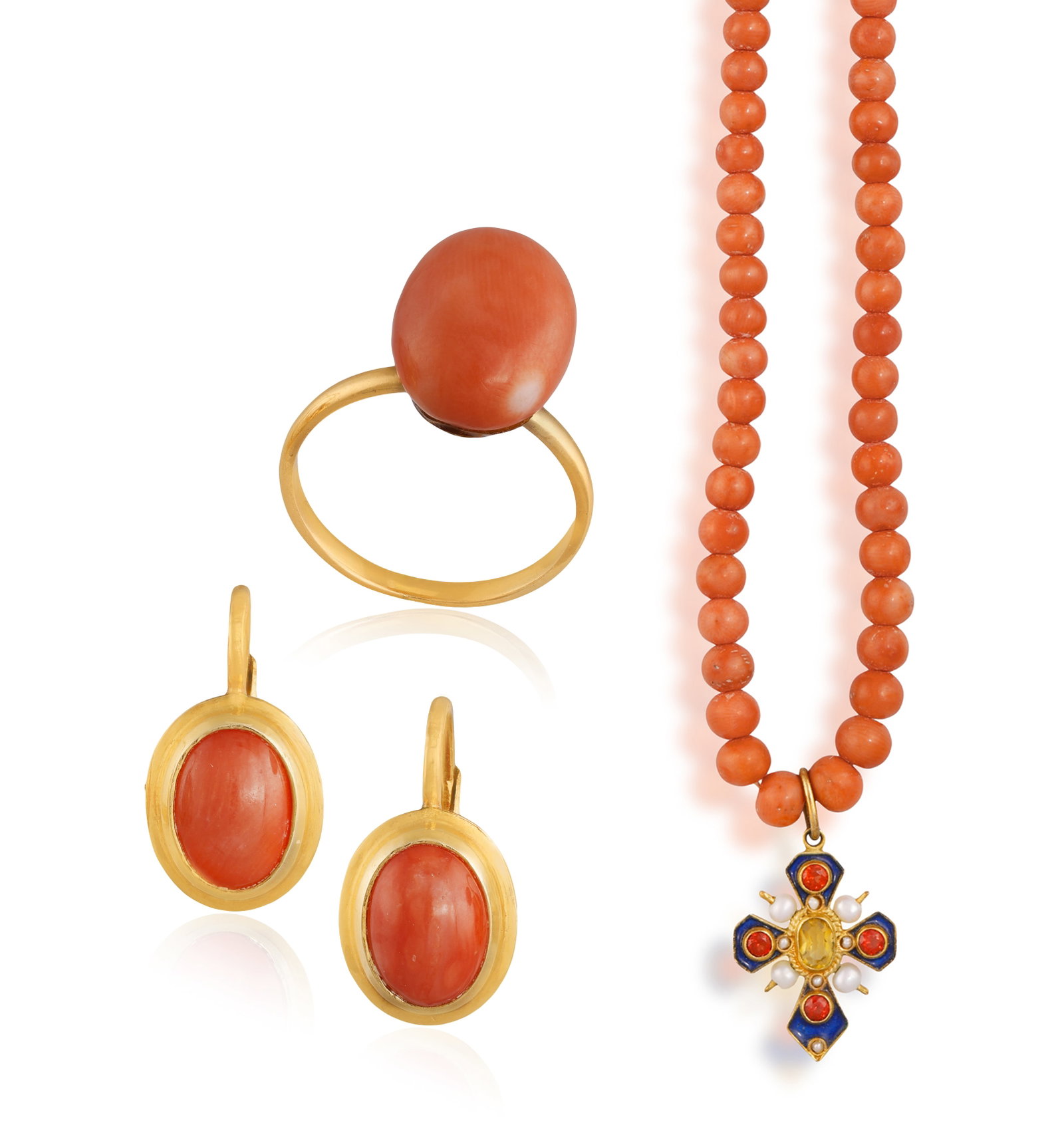 A GROUP OF CORAL JEWELLERY • A coral bead necklace • cross pendant with circular-cut (1 of 4)