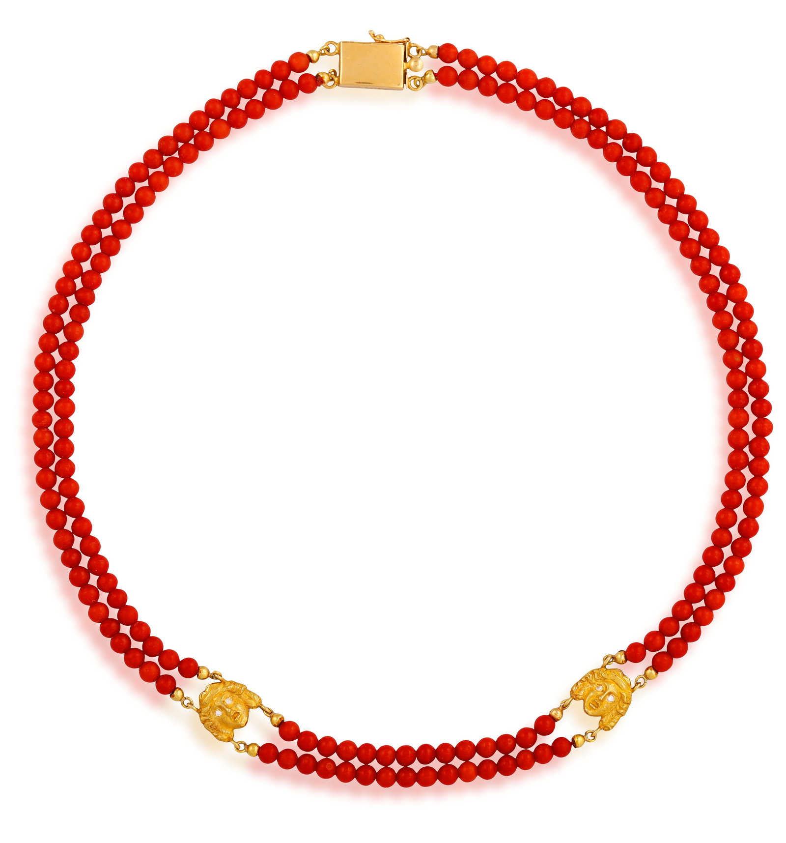 A CORAL AND DIAMOND NECKLACE • Two rows of coral beads • two head-shaped connectors R (1 of 3)