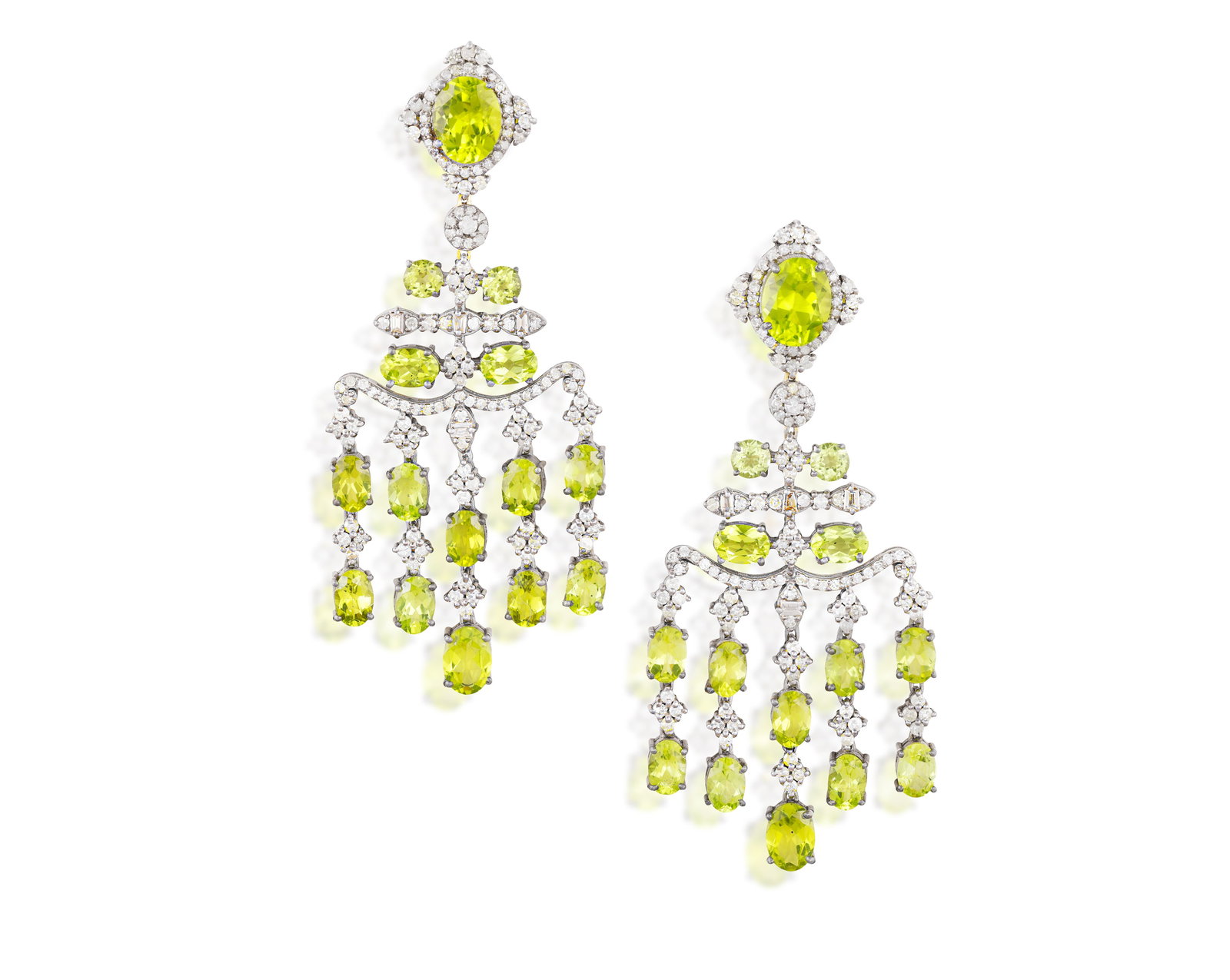 A PAIR OF PERIDOT AND DIAMOND PENDENT EARRINGS • Of chandelier design • circular and ova (1 of 2)