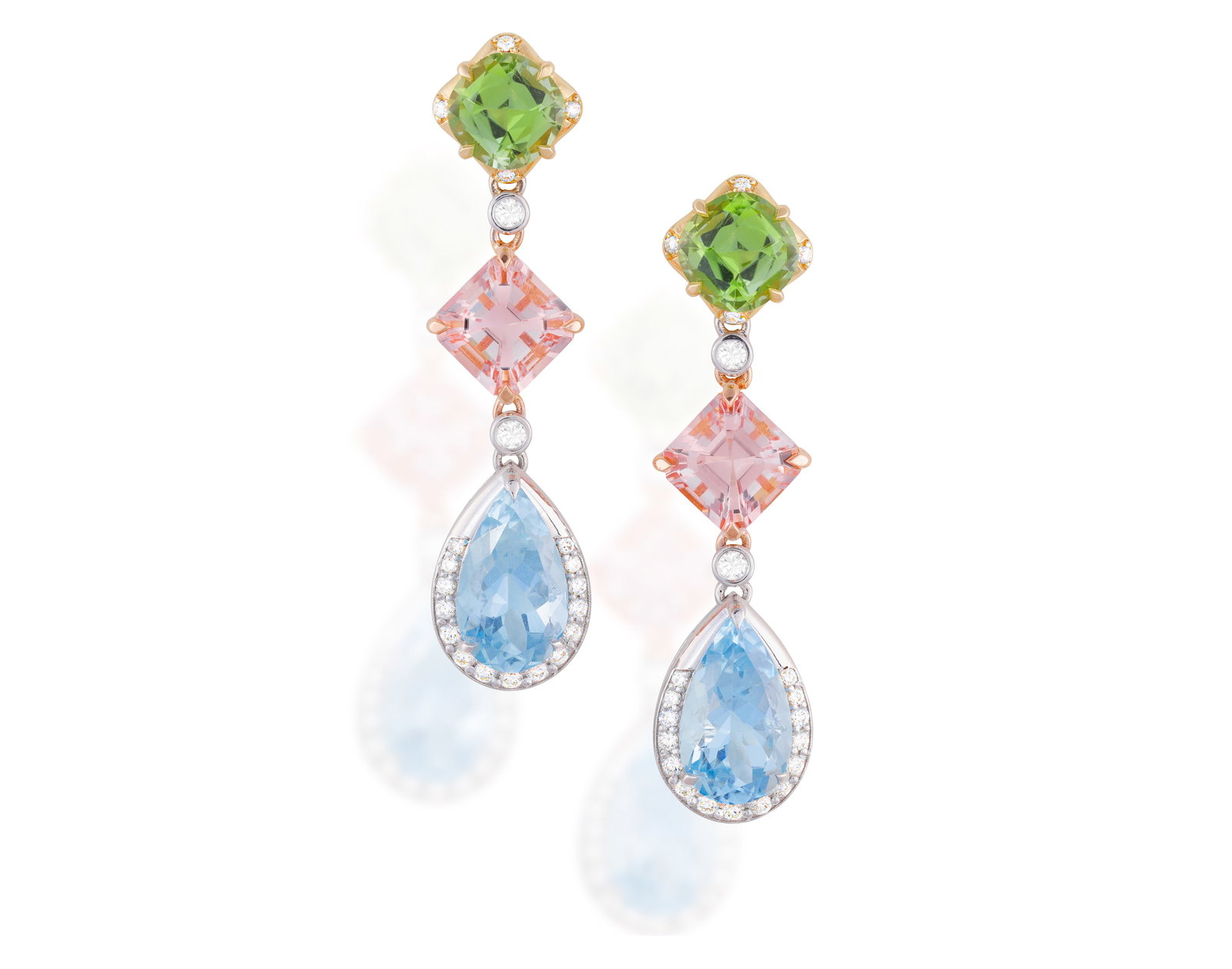 A PAIR OF MULTI-GEM AND DIAMOND PENDENT EARRINGS • Two pear-shaped aquamarine drops, approx.  (1 of 2)