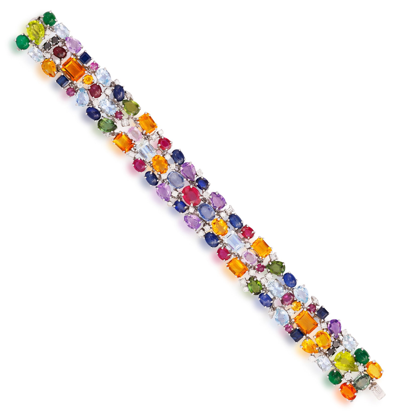 A GEM-SET AND DIAMOND BRACELET • Vari-cut rubies, sapphires, emeralds, citrines, amethysts, (1 of 3)