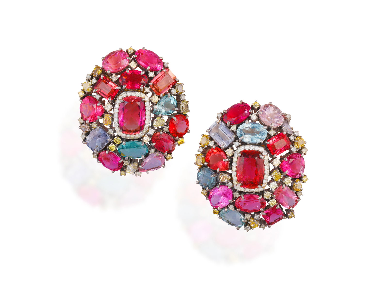 A PAIR OF GEM-SET AND DIAMOND CLUSTER EARRINGS • Set with vari-cut tourmalines, approx.: A PAIR OF GEM-SET AND DIAMOND CLUSTER EARRINGS • Set with vari-cut tourmalines, approx. 24.50cts total • vari-cut aquamarines • oval and pear-shaped morganites • vari-cut diamo
