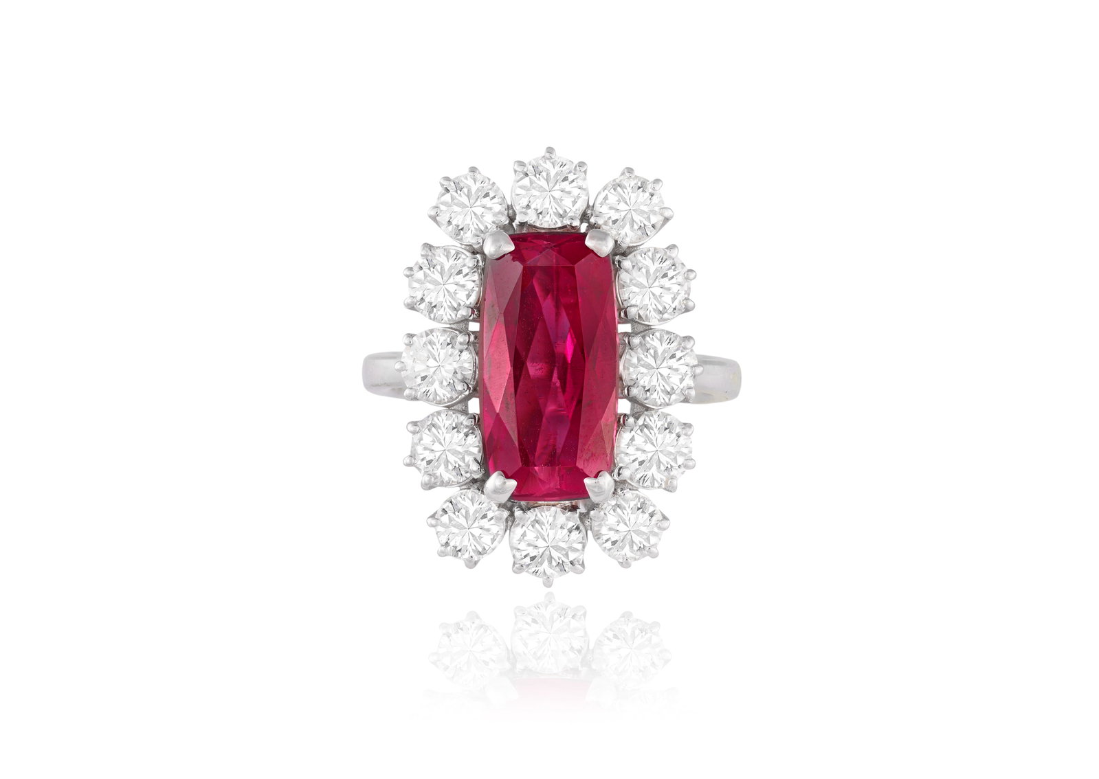 A RUBELLITE AND DIAMOND CLUSTER RING • Cushion-shaped rubellite, approx. 3.00cts • (1 of 5)