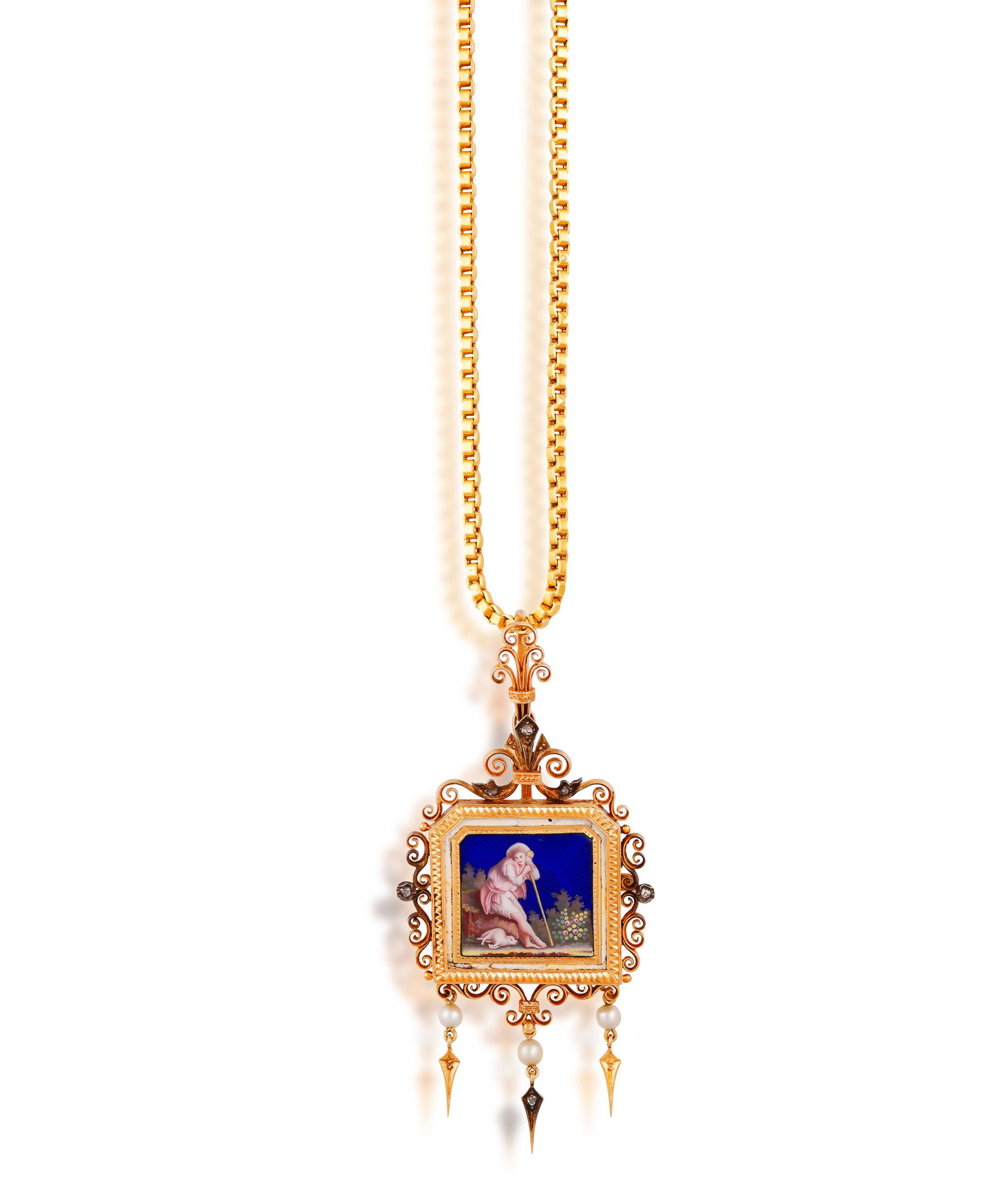 AN ENAMEL, SEED PEARL AND DIAMOND MINIATURE PENDANT/BROOCH ON CHAIN • Guilloché enamel pa: AN ENAMEL, SEED PEARL AND DIAMOND MINIATURE PENDANT/BROOCH ON CHAIN • Guilloché enamel pastoral scene • three seed pearls of white tint • rose-cut diamonds • mounted in go