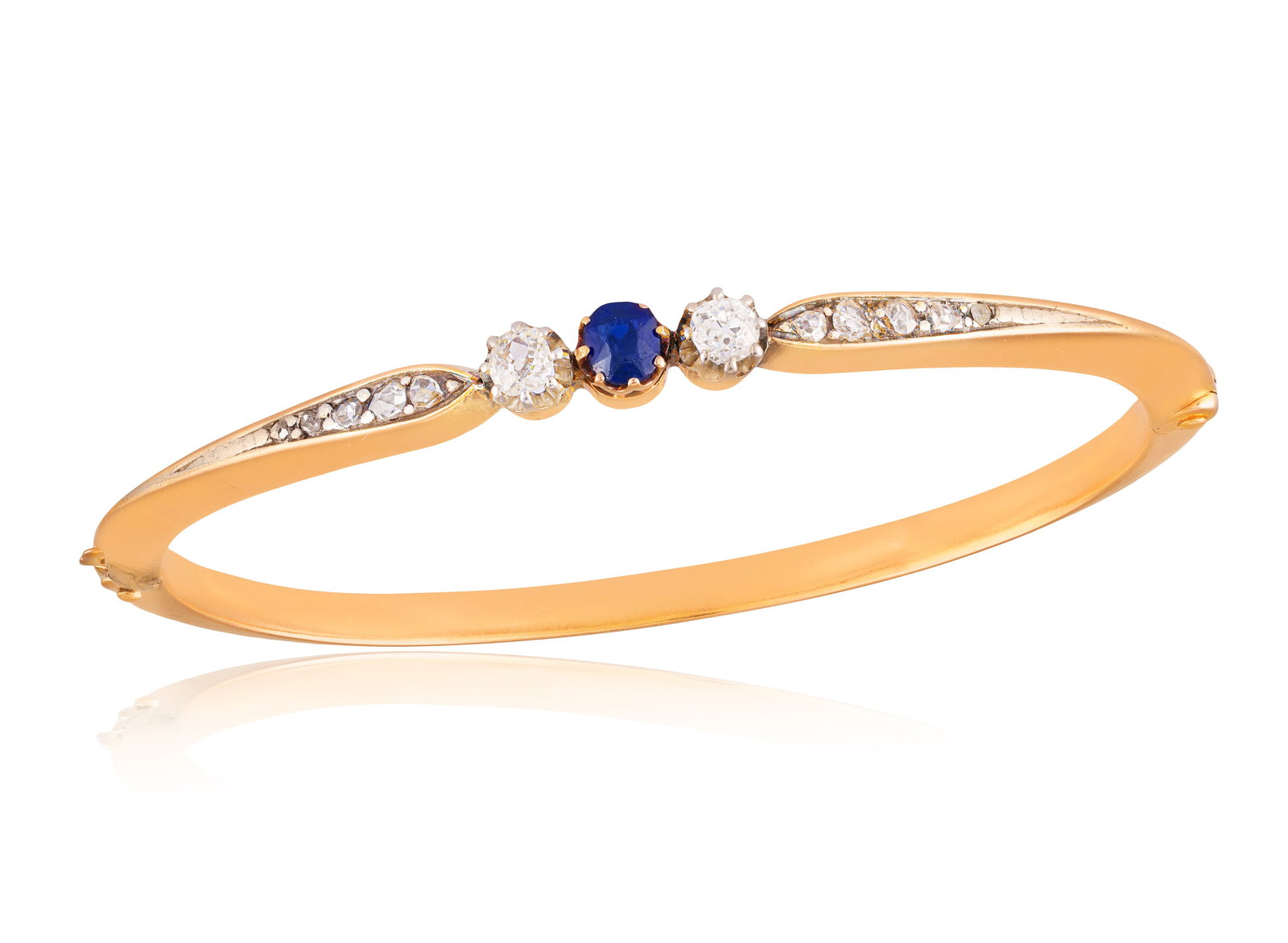 A SAPPHIRE AND DIAMOND BANGLE • Circular-cut sapphire • old brilliant and rose-cut diamo (1 of 2)