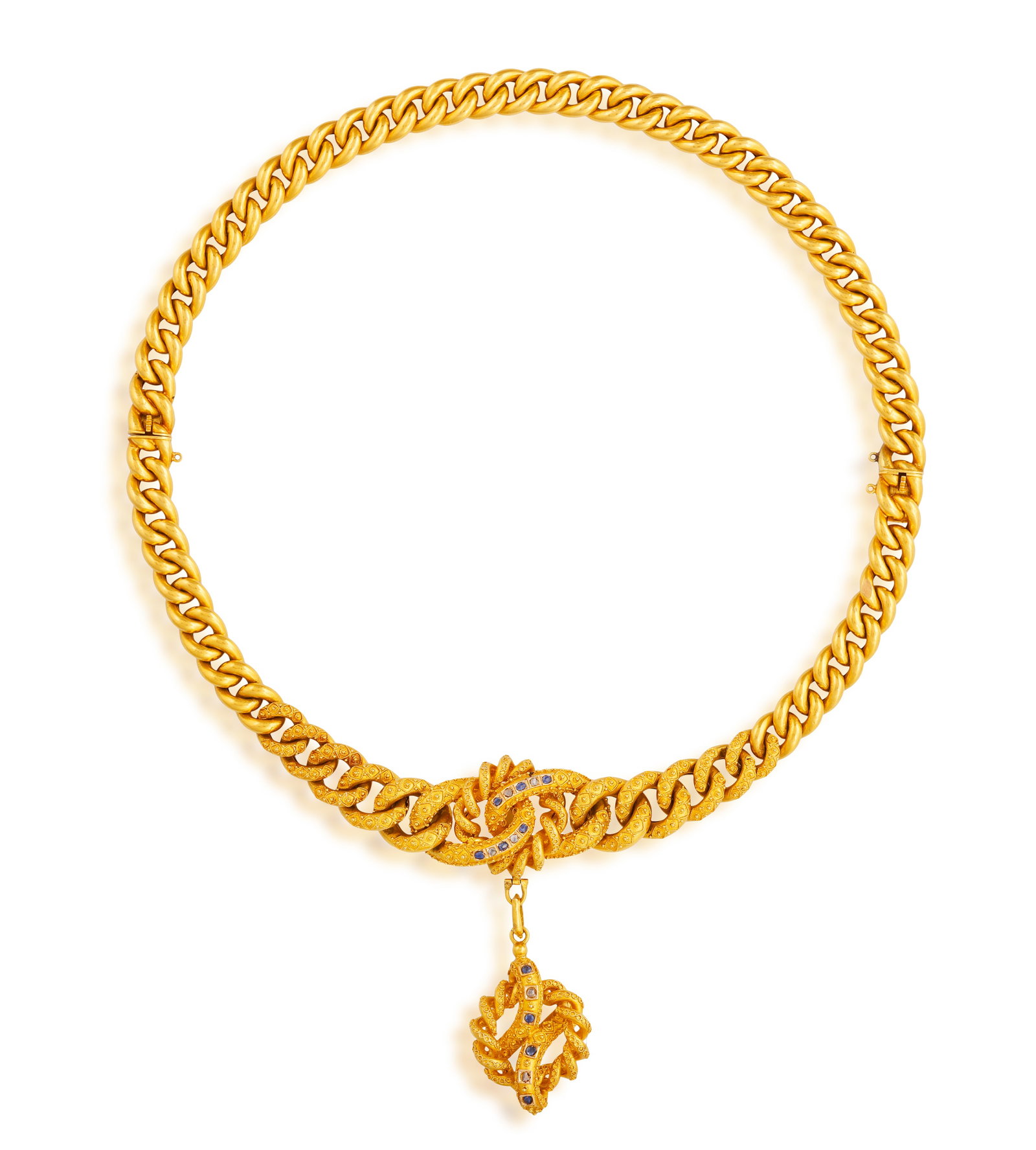 A LATE 19TH CENTURY SAPPHIRE AND DIAMOND NECKLACE/BRACELET • Rose-cut diamonds and sapphires: A LATE 19TH CENTURY SAPPHIRE AND DIAMOND NECKLACE/BRACELET • Rose-cut diamonds and sapphires • mounted in gold • with maker's mark • necklace length 38cm • pendant