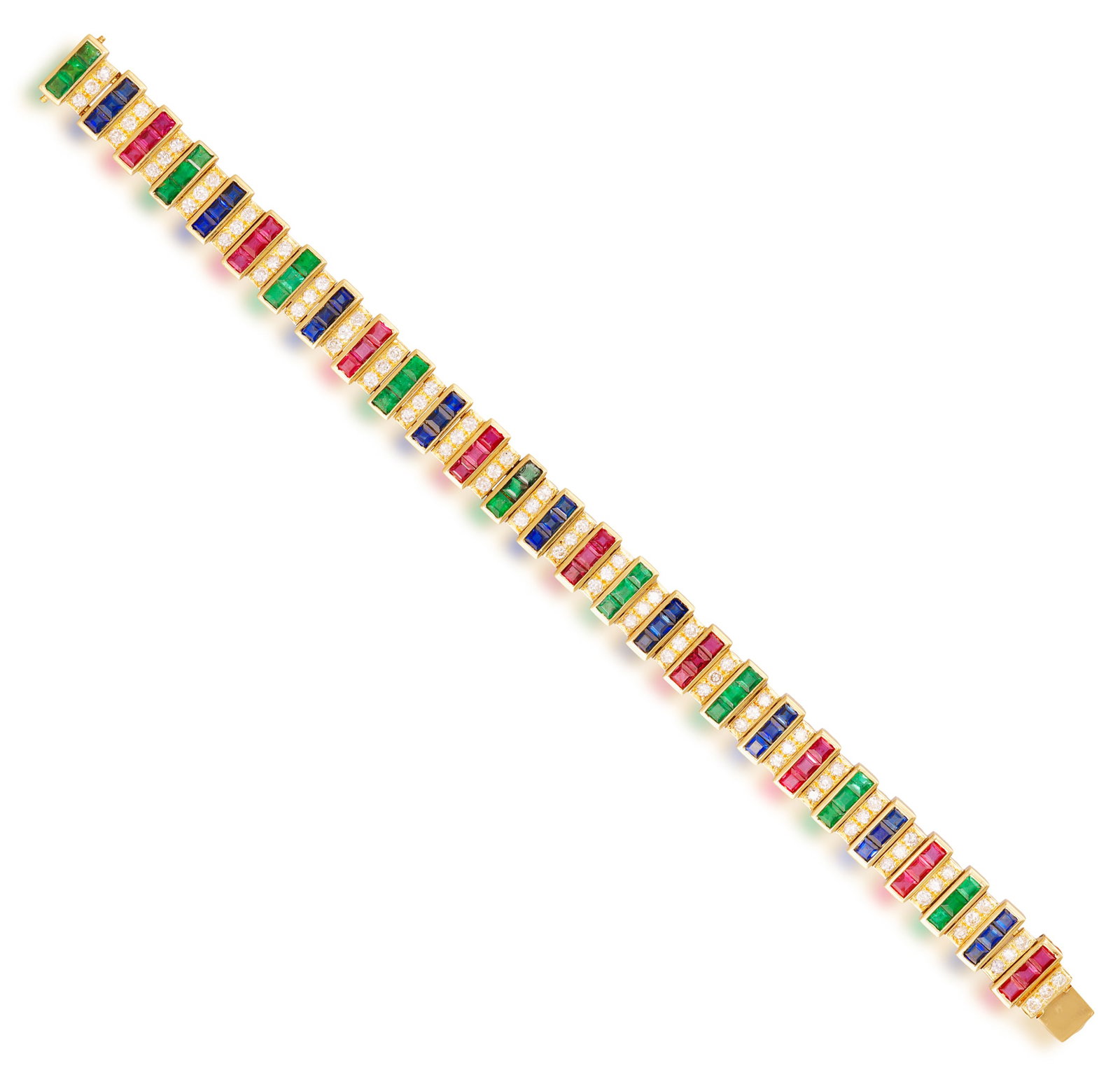 A GEM-SET AND DIAMOND BRACELET • Calibré-cut sapphires, approx. 2.50cts total •: A GEM-SET AND DIAMOND BRACELET • Calibré-cut sapphires, approx. 2.50cts total • calibré-cut emeralds, approx. 2.50cts total • calibré-cut rubies, approx. 2.50cts