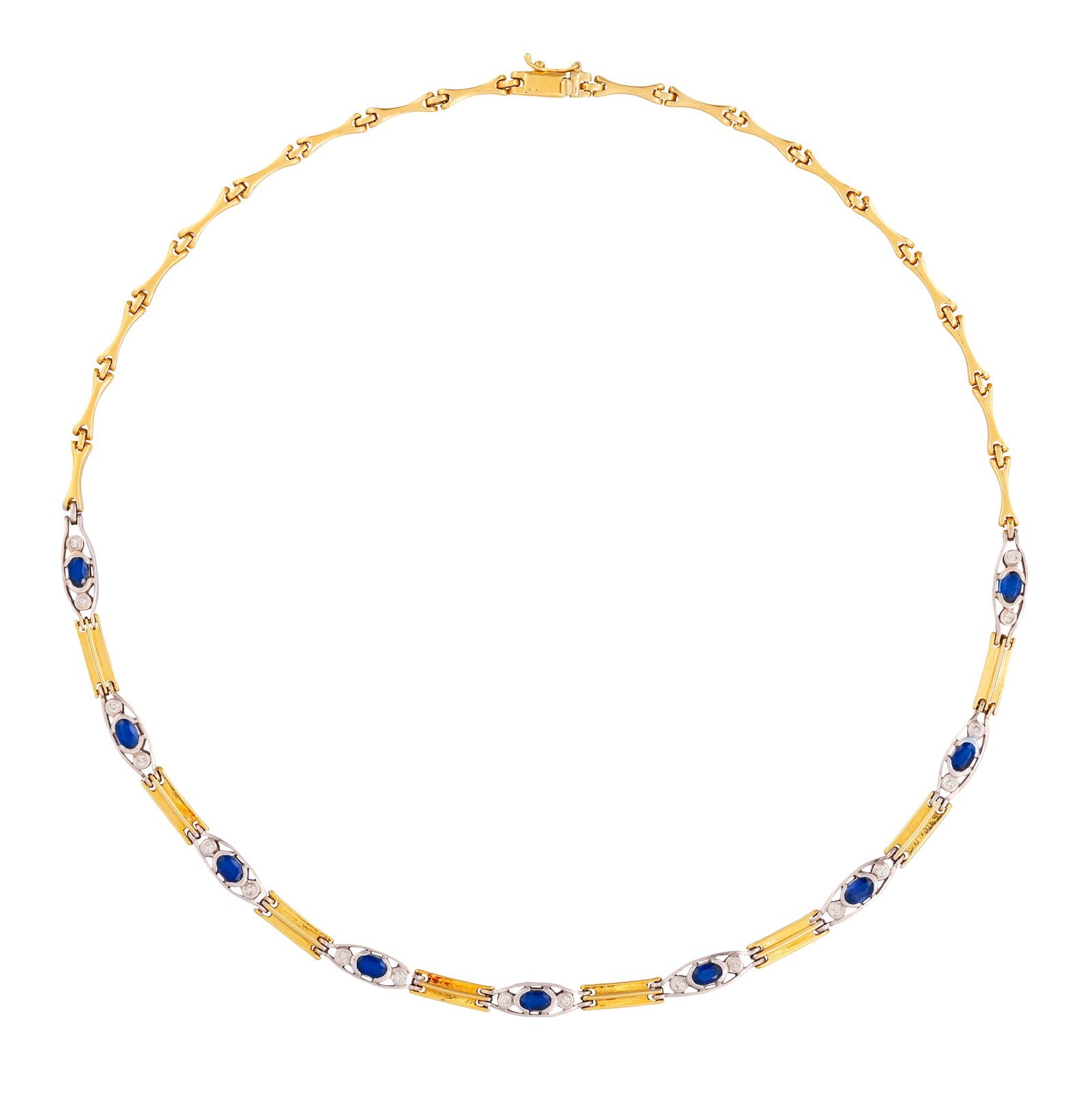 A SAPPHIRE AND DIAMOND NECKLACE • Oval-shaped sapphires • brilliant-cut diamond: A SAPPHIRE AND DIAMOND NECKLACE • Oval-shaped sapphires • brilliant-cut diamond shoulders • mounted in 18K gold • length 47cm