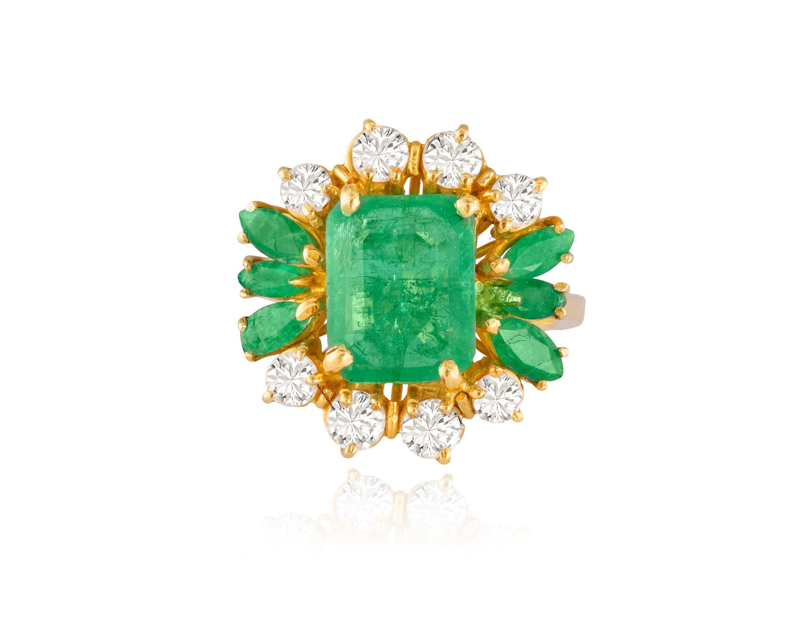 AN EMERALD AND DIAMOND DRESS RING • Rectangular-shaped emerald, approx. 2.30cts •: AN EMERALD AND DIAMOND DRESS RING • Rectangular-shaped emerald, approx. 2.30cts • marquise-shaped emeralds • brilliant-cut diamonds • mounted in 18K gold • ring size