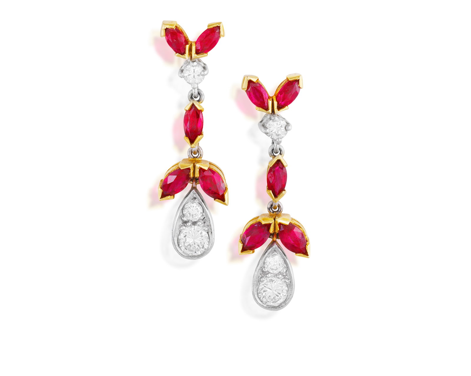 A PAIR OF RUBY AND DIAMOND EARRINGS • Marquise-shaped rubies • brilliant-cut diamonds &# (1 of 2)